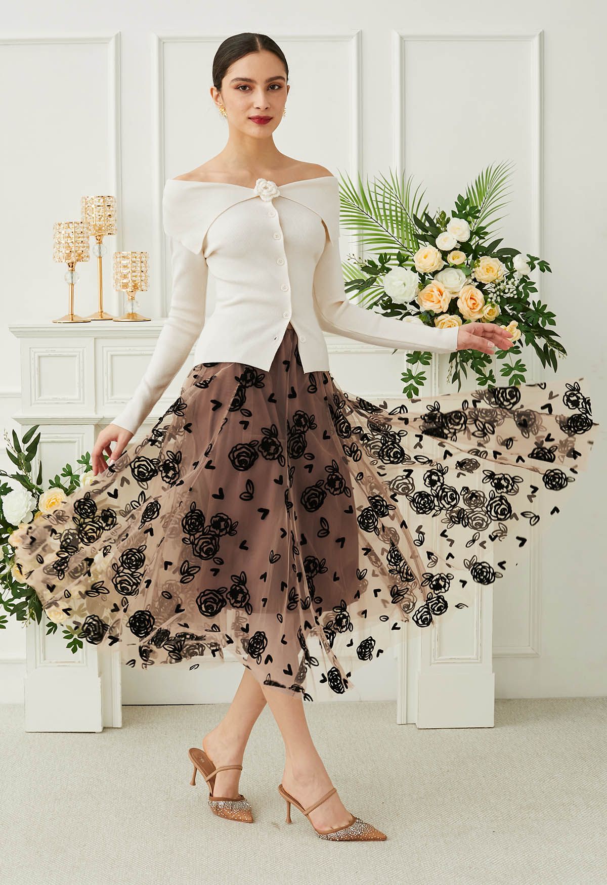 3D Rose and Heart Mesh Midi Skirt in Caramel