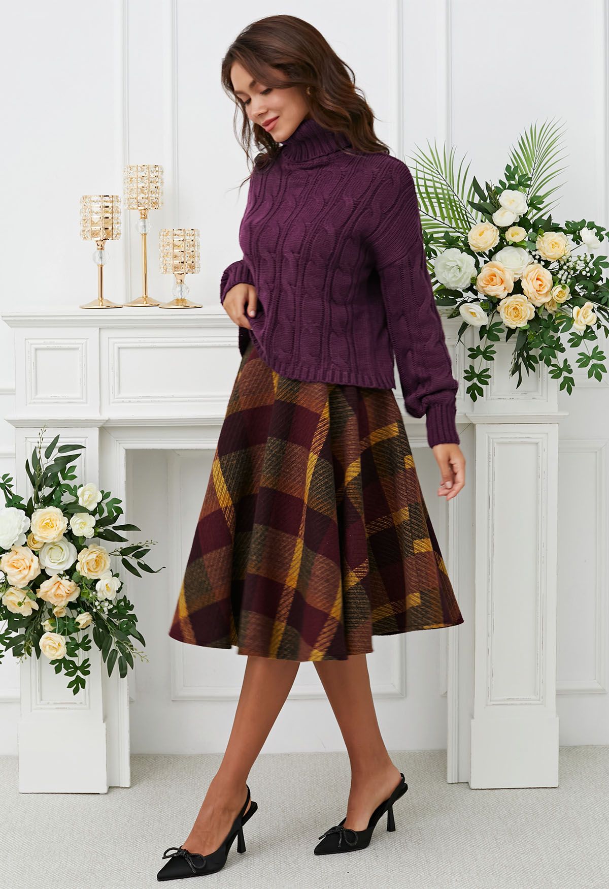 Holiday Glam Check Pattern Flare Hem Midi Skirt