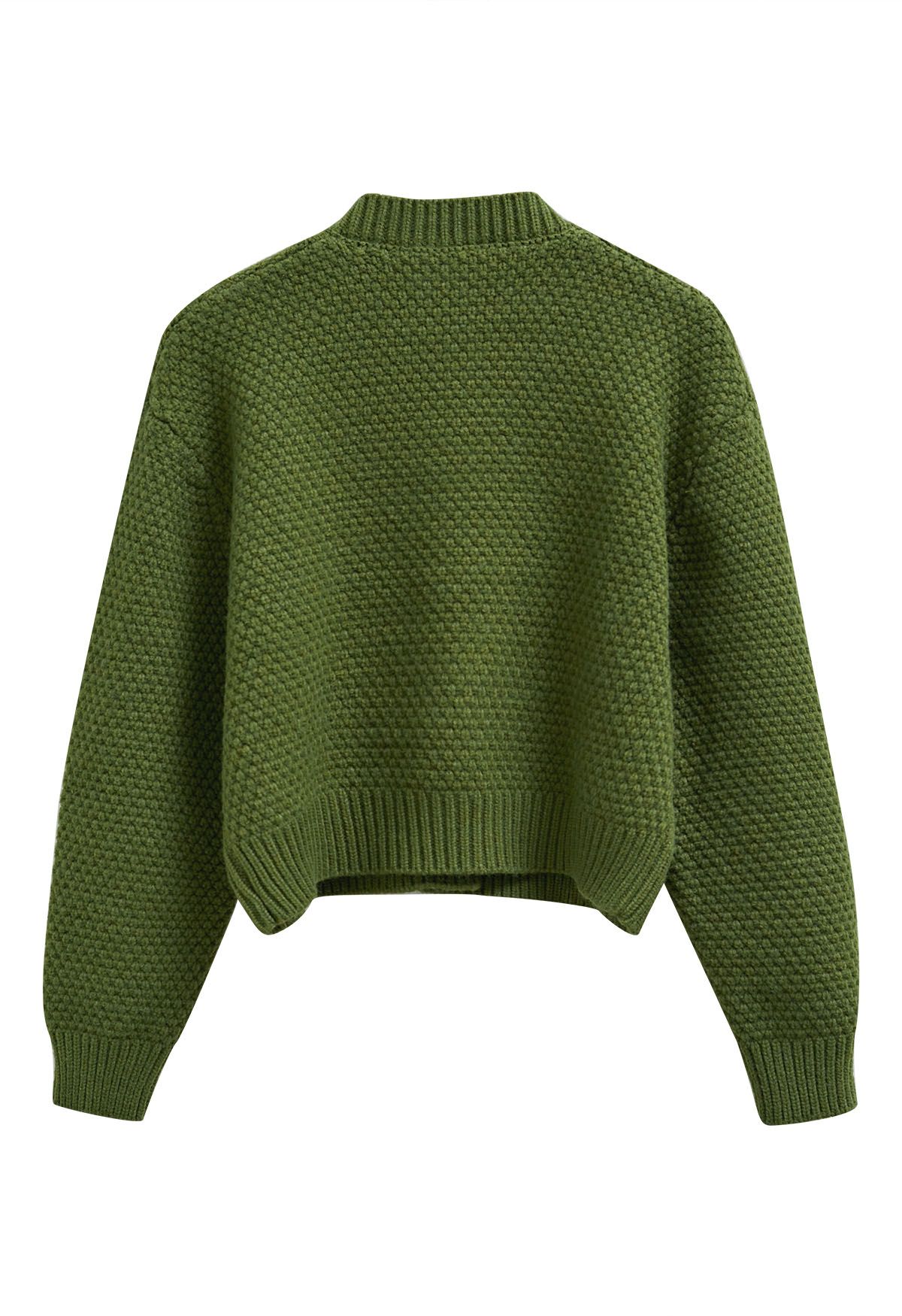 Euphoric Pom-Pom Waffle Knit Crop Cardigan in Green