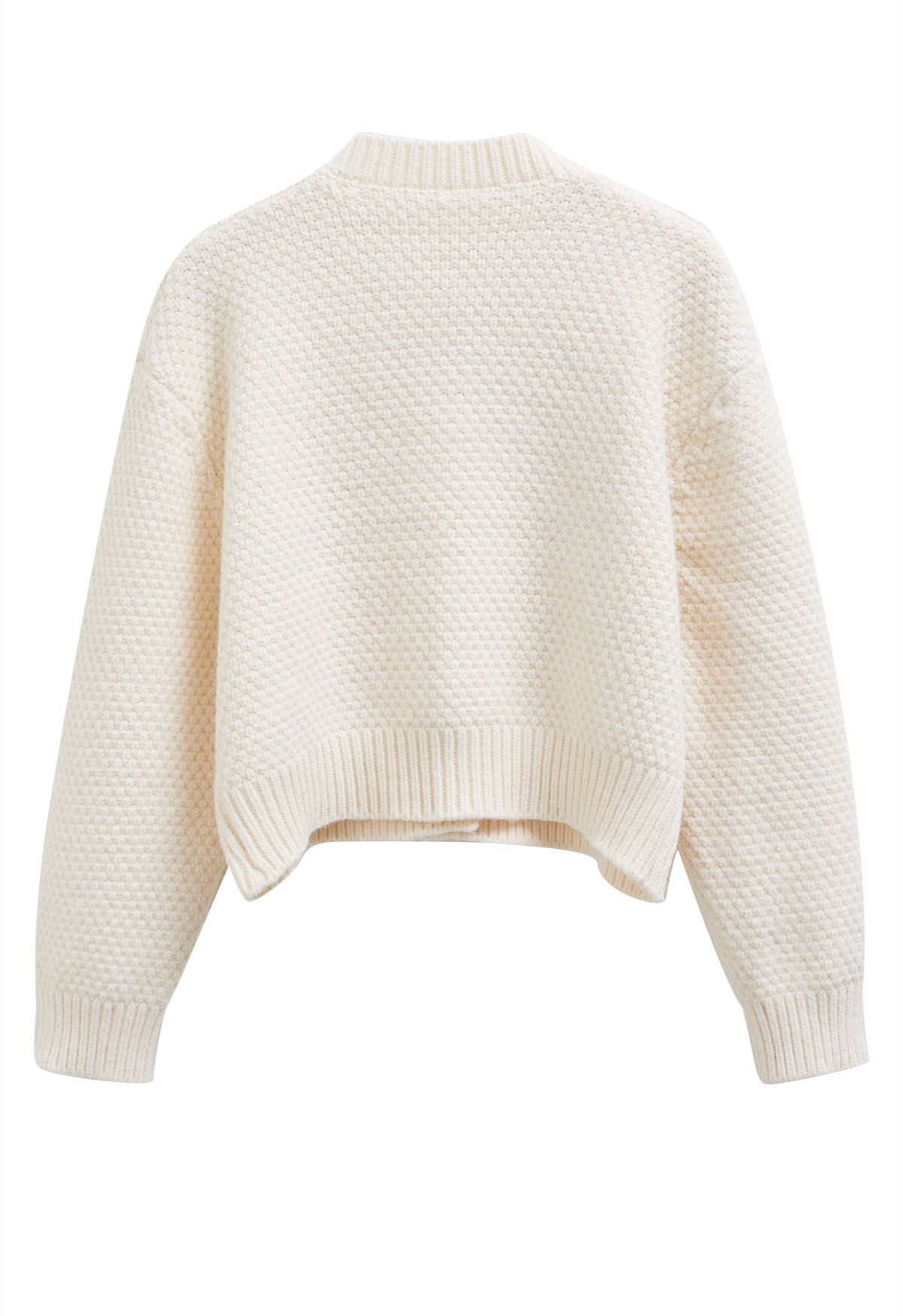 Euphoric Pom-Pom Waffle Knit Crop Cardigan in Ivory