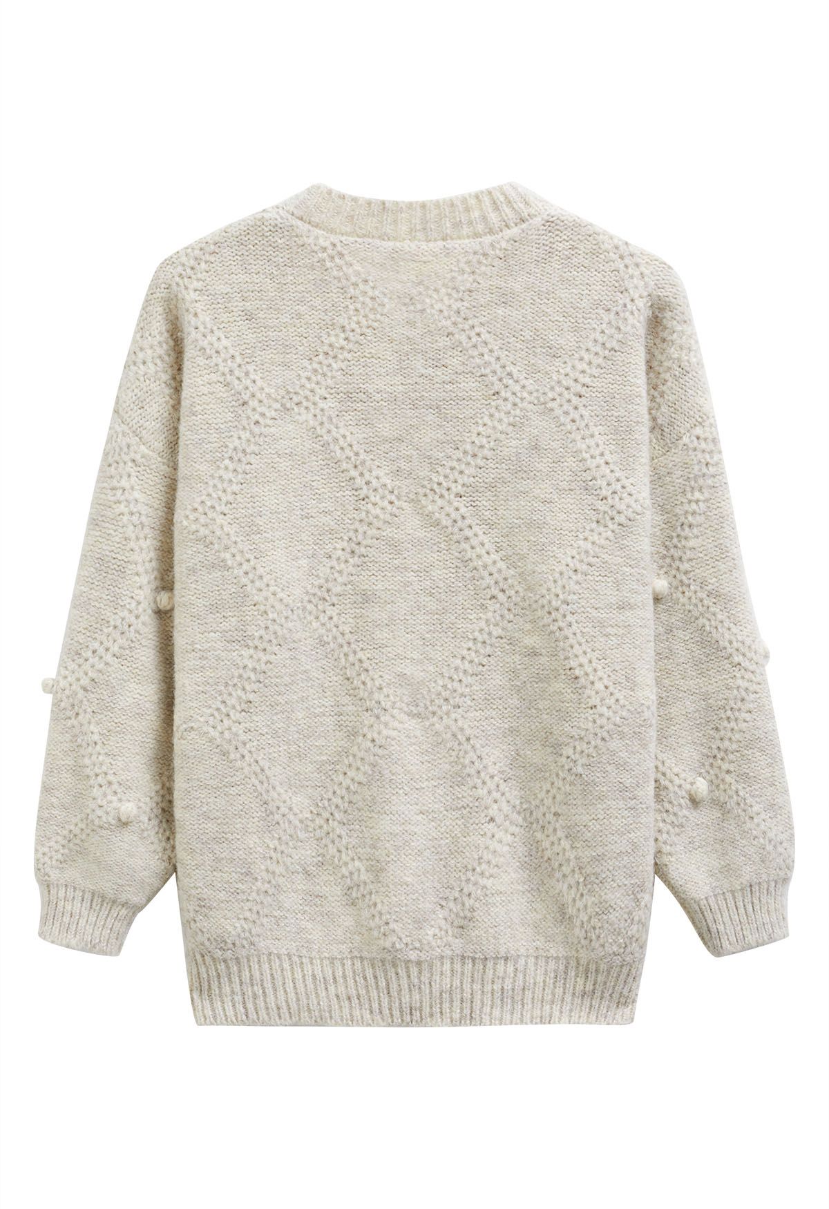 Diamond Pom-Pom Knit Sweater in Oatmeal