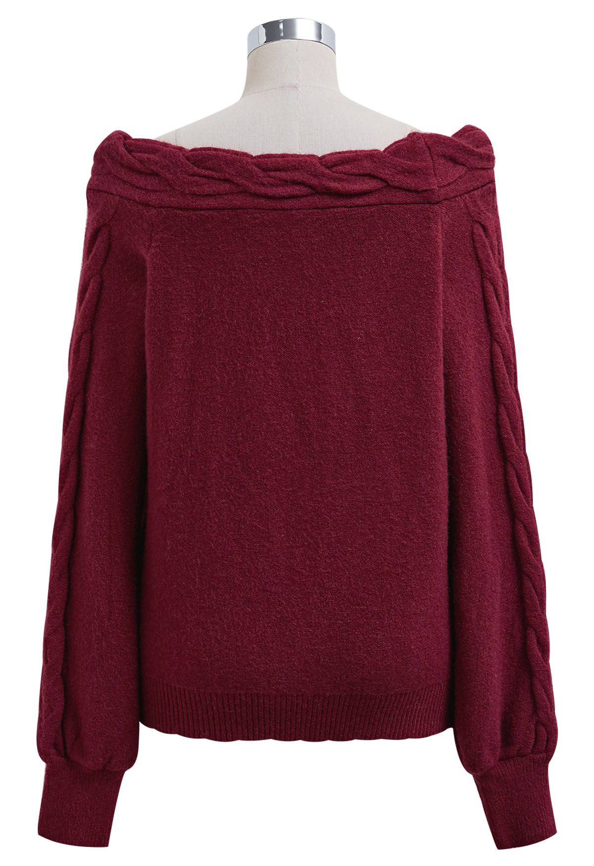 Bask in Winter Off-Shoulder Cable Knit Sweater in Red