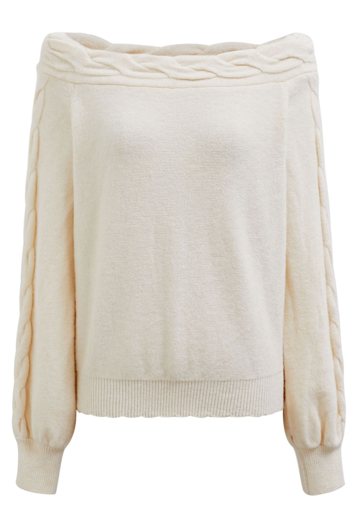 Bask in Winter Off-Shoulder Cable Knit Sweater in Cream