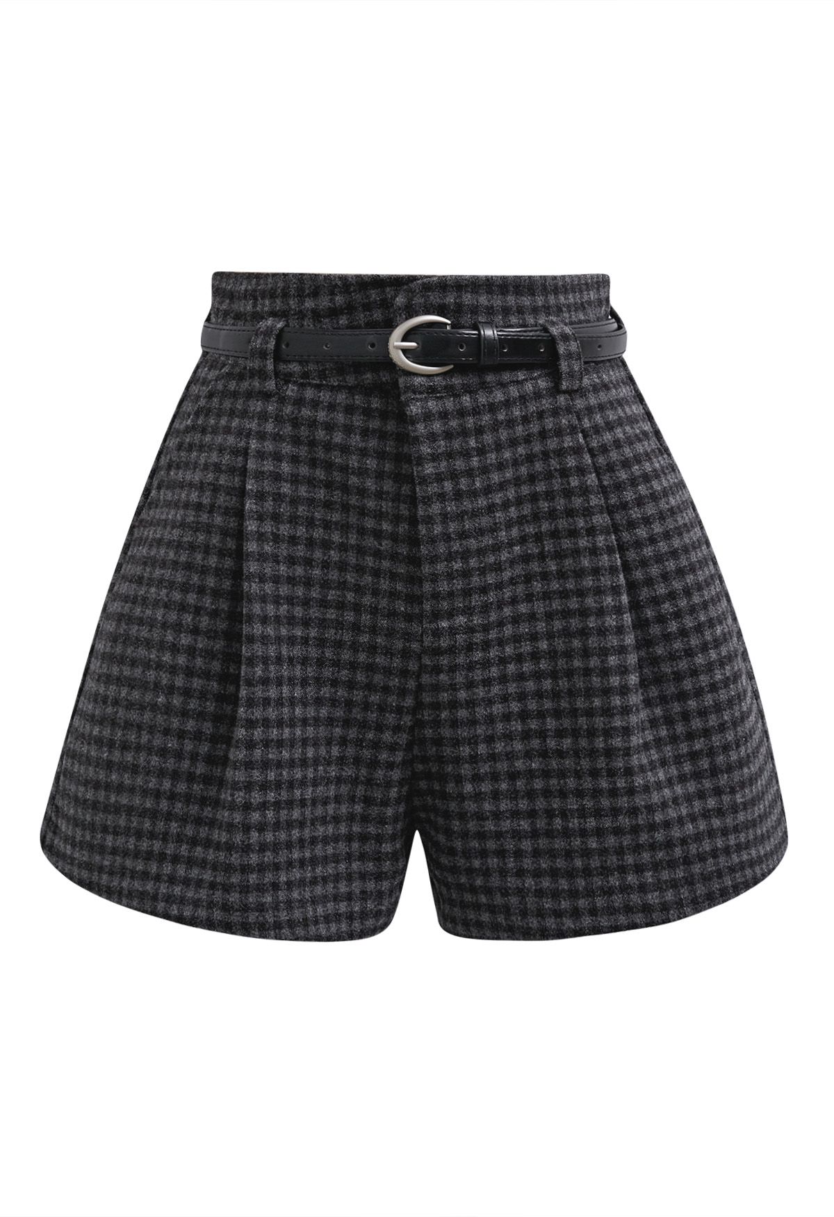 Lights on You Gingham Belted Shorts in Black