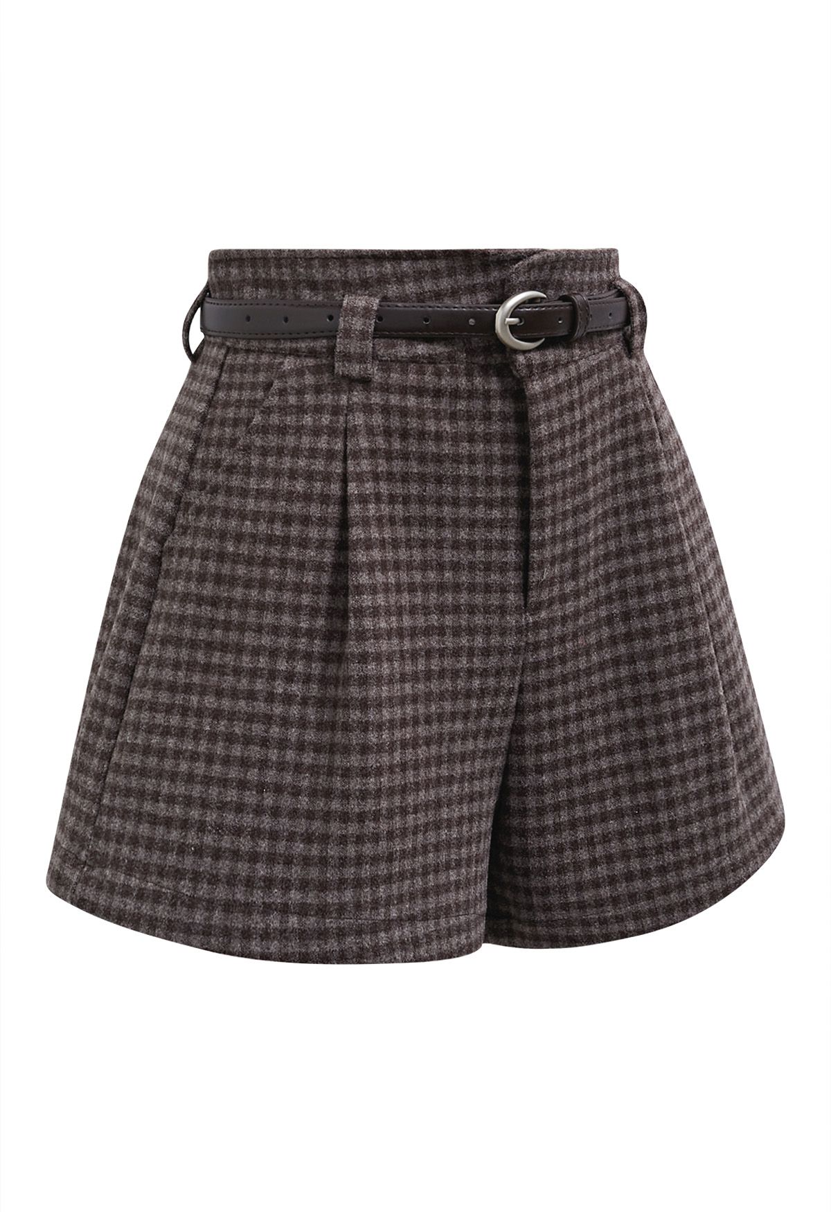 Lights on You Gingham Belted Shorts in Brown