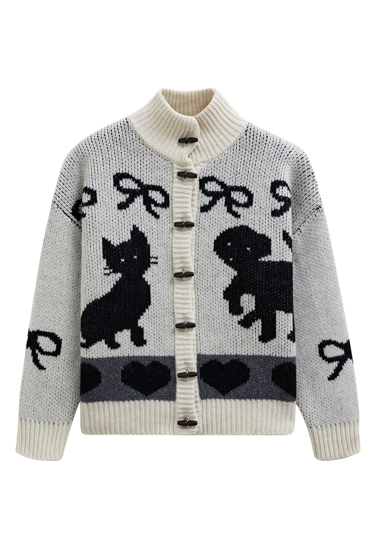 Bubbly Animal Button Down Ribbed Wool Cardigan in Ivory