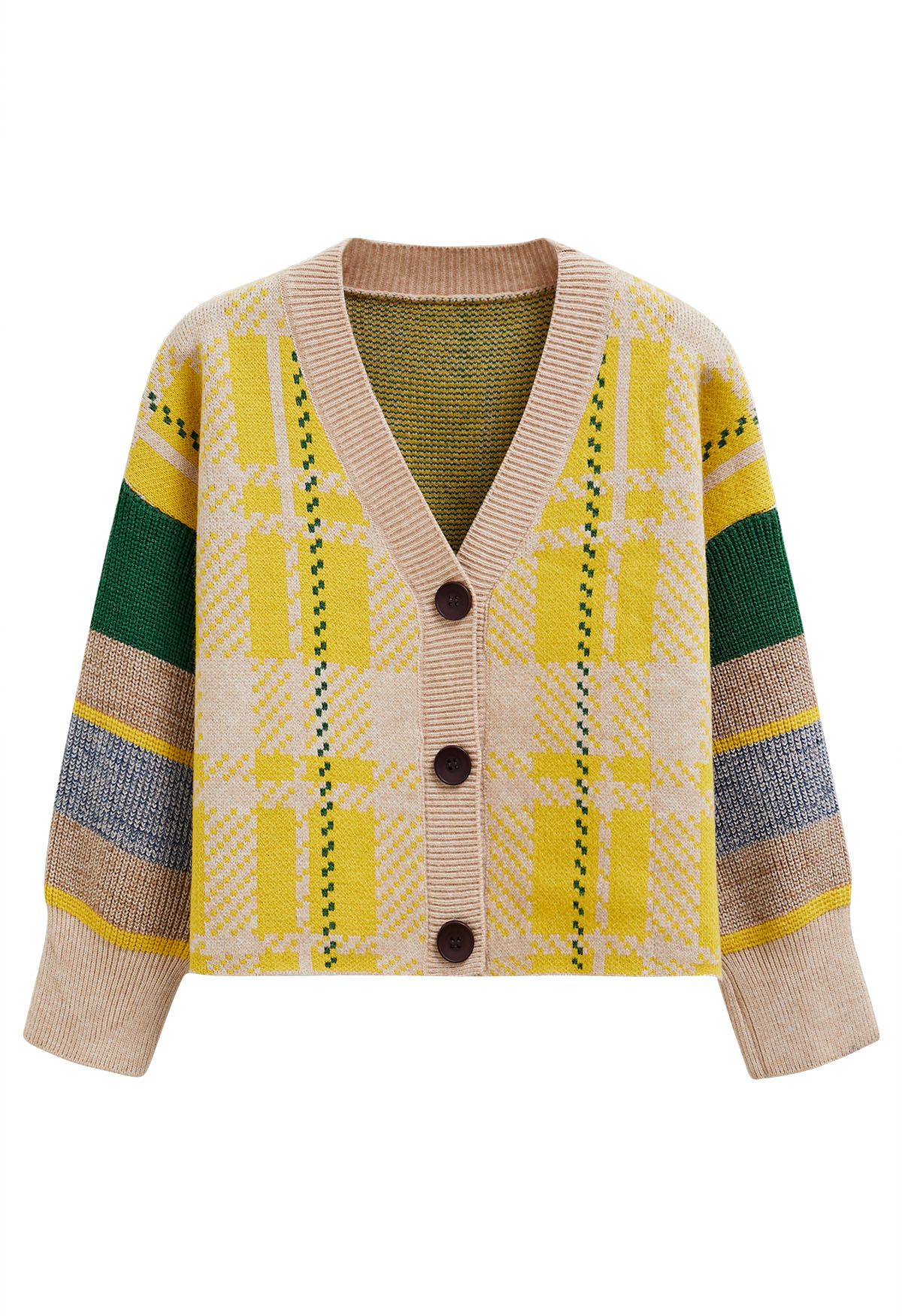 Chromatic Sleeve Button Down Crop Knit Cardigan in Yellow