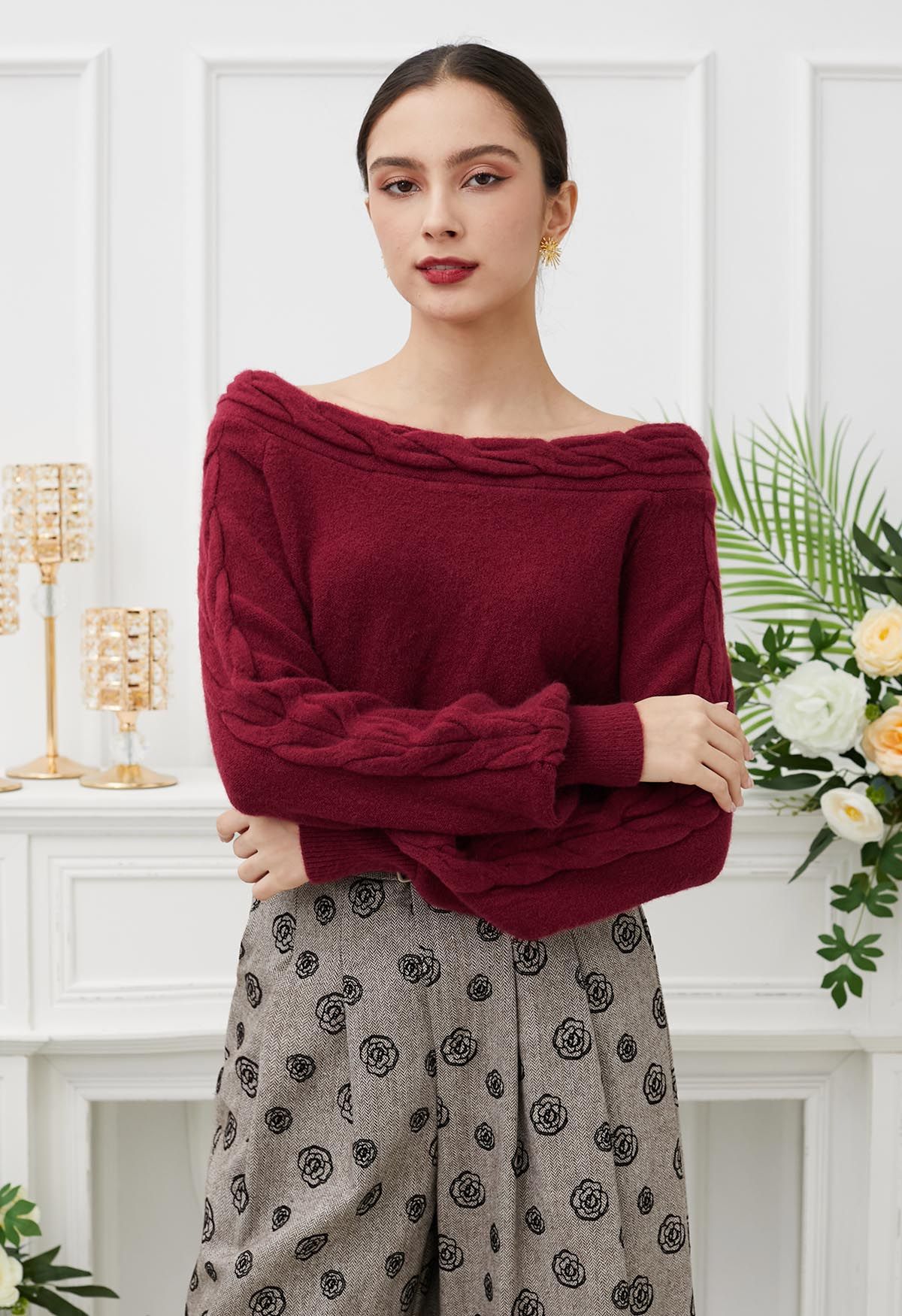 Bask in Winter Off-Shoulder Cable Knit Sweater in Red