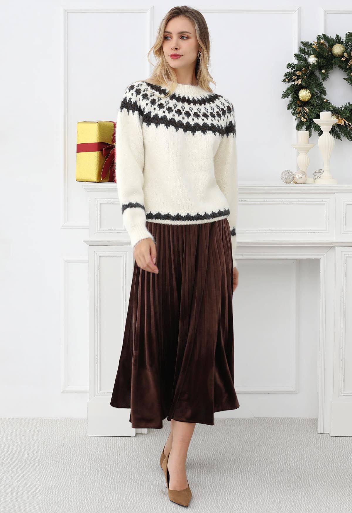 Alpine-Inspired Fair Isle Fuzzy Knit Sweater