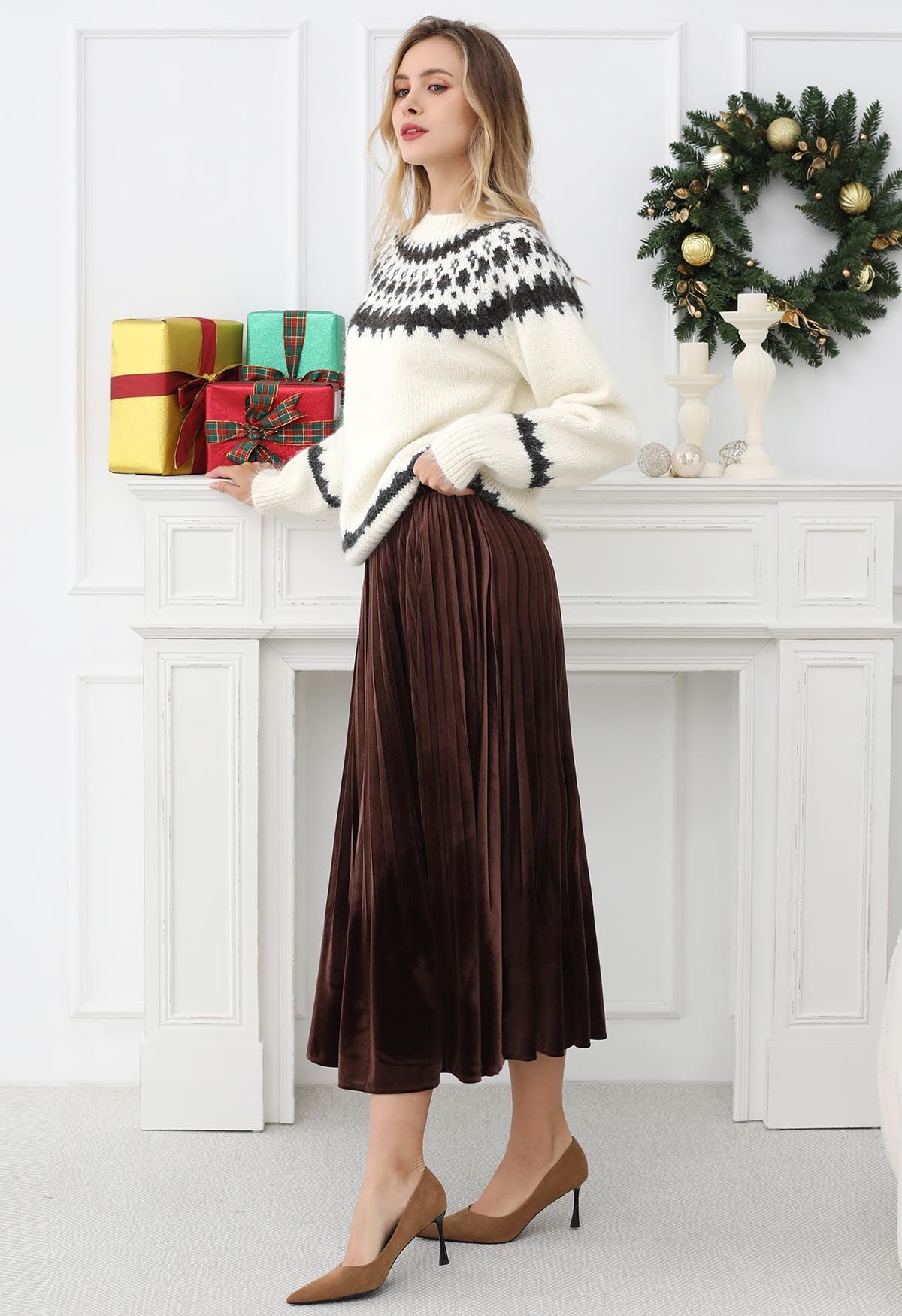 Alpine-Inspired Fair Isle Fuzzy Knit Sweater