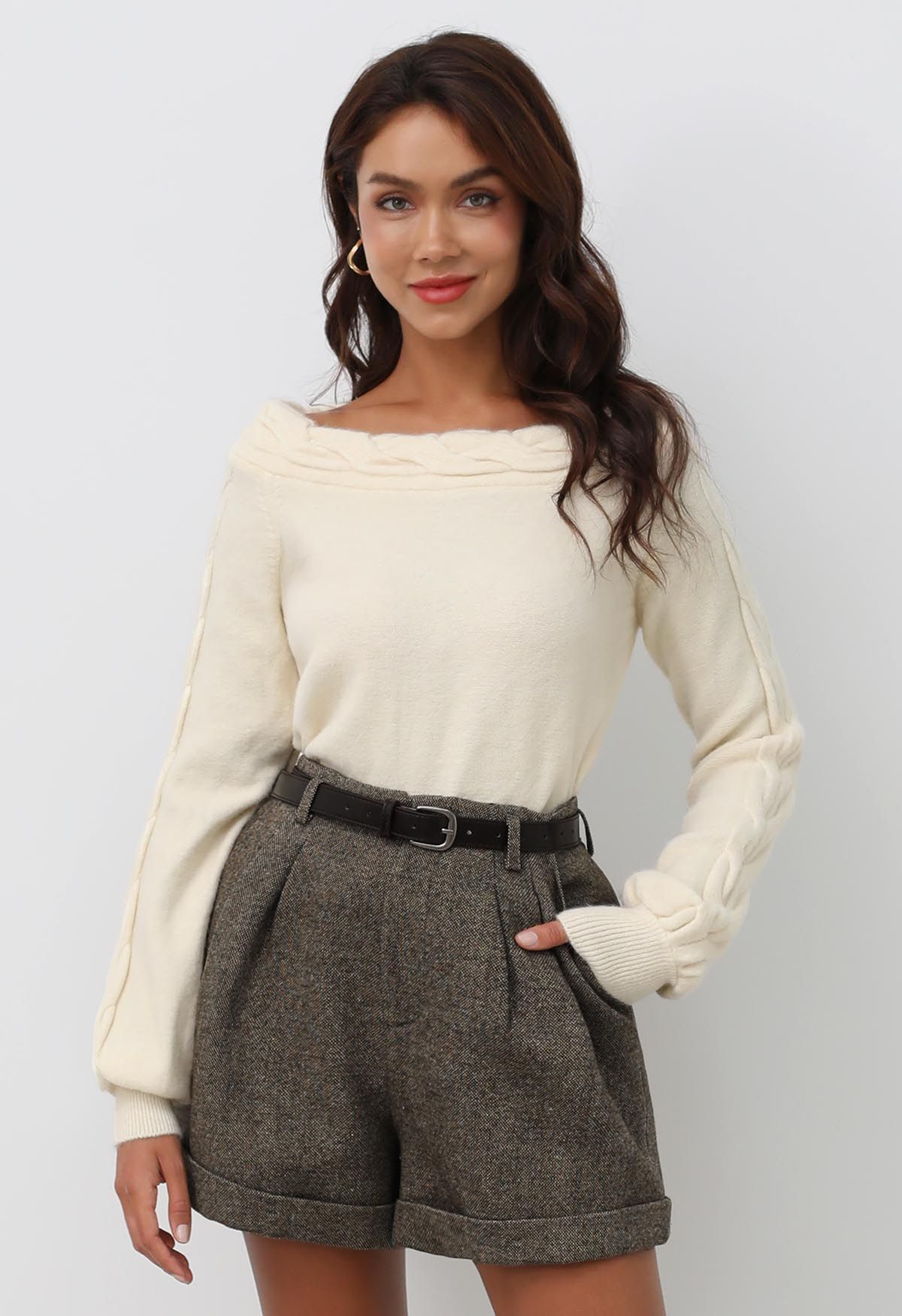 Bask in Winter Off-Shoulder Cable Knit Sweater in Cream