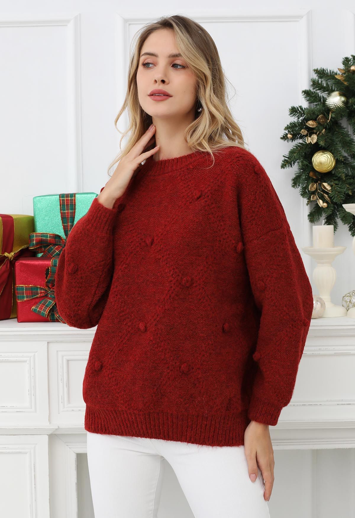 Diamond Pom-Pom Knit Sweater in Red