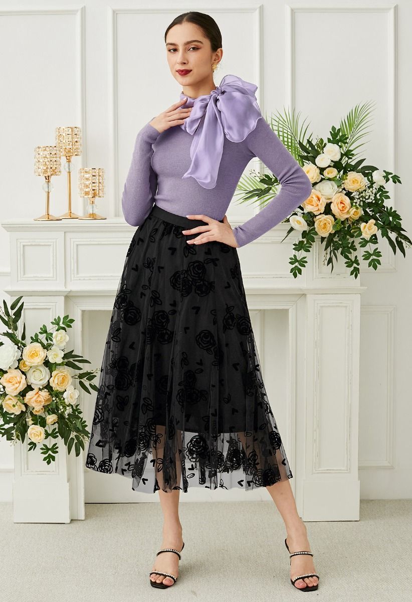 3D Rose and Heart Mesh Midi Skirt in Black