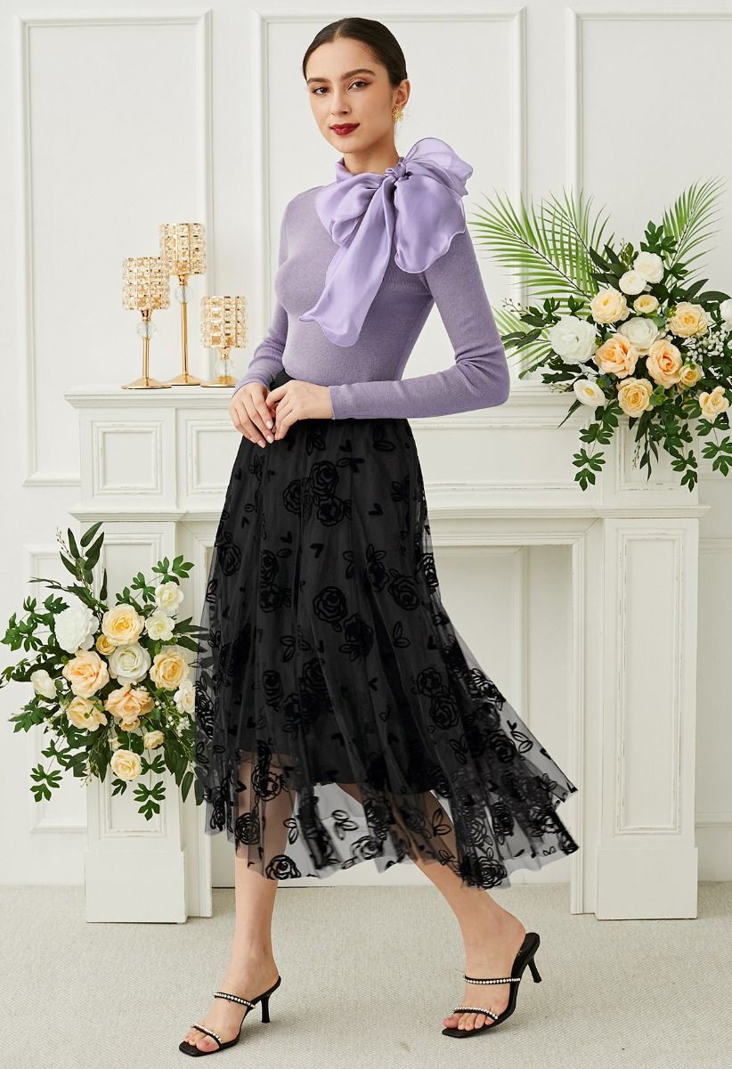 3D Rose and Heart Mesh Midi Skirt in Black