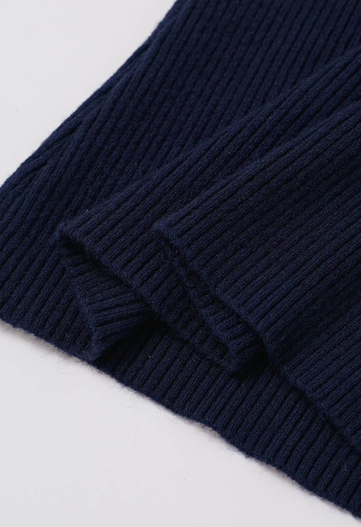 Heart Button Bowknot Ribbed Knit Top in Navy