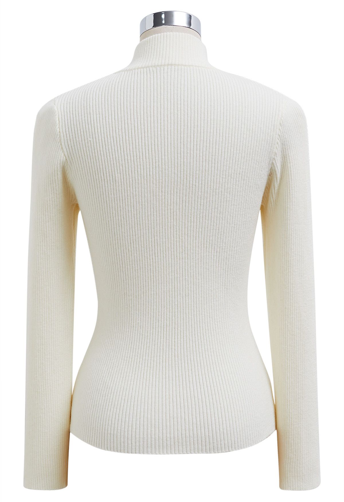 Heart Button Bowknot Ribbed Knit Top in Cream