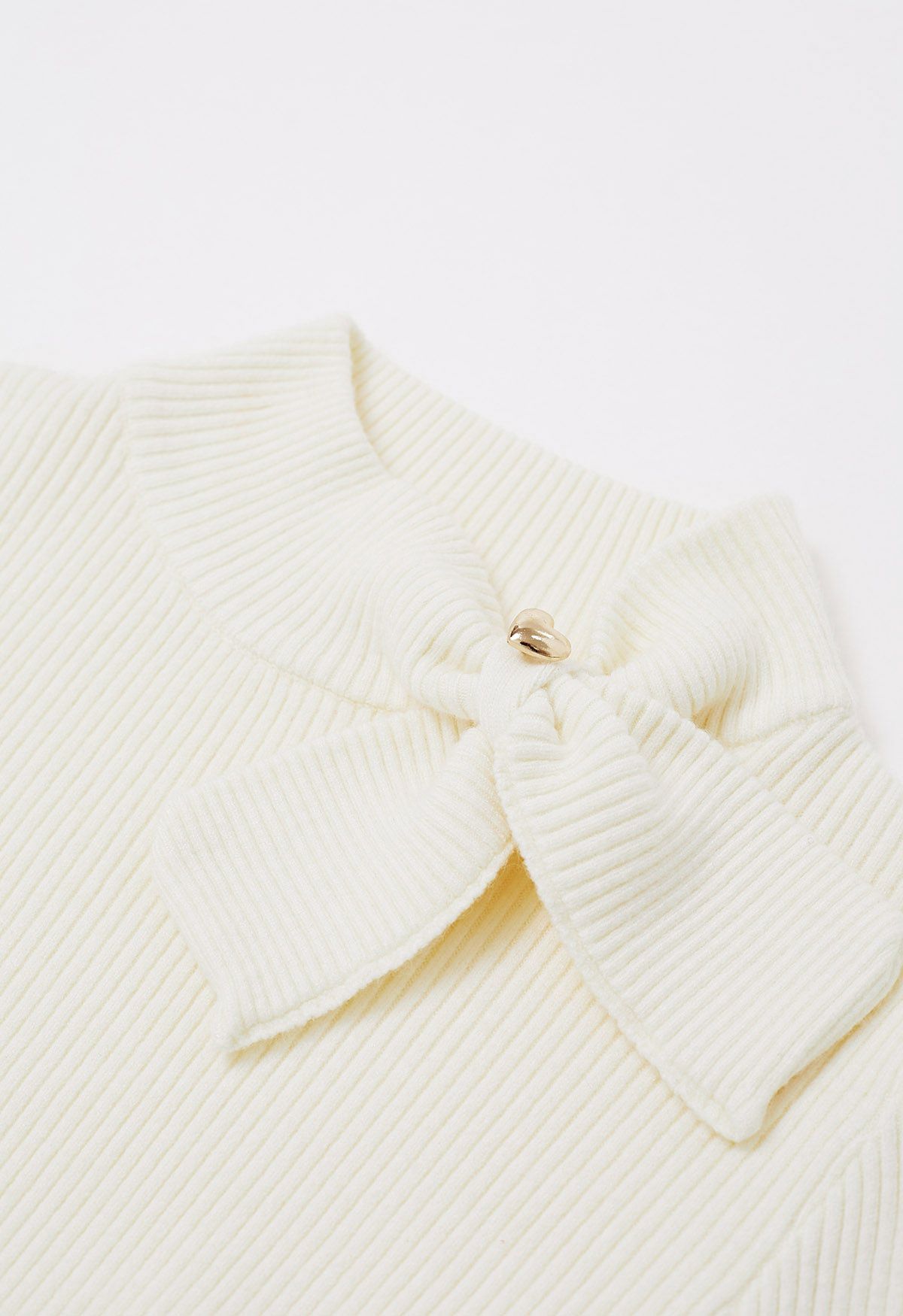 Heart Button Bowknot Ribbed Knit Top in Cream