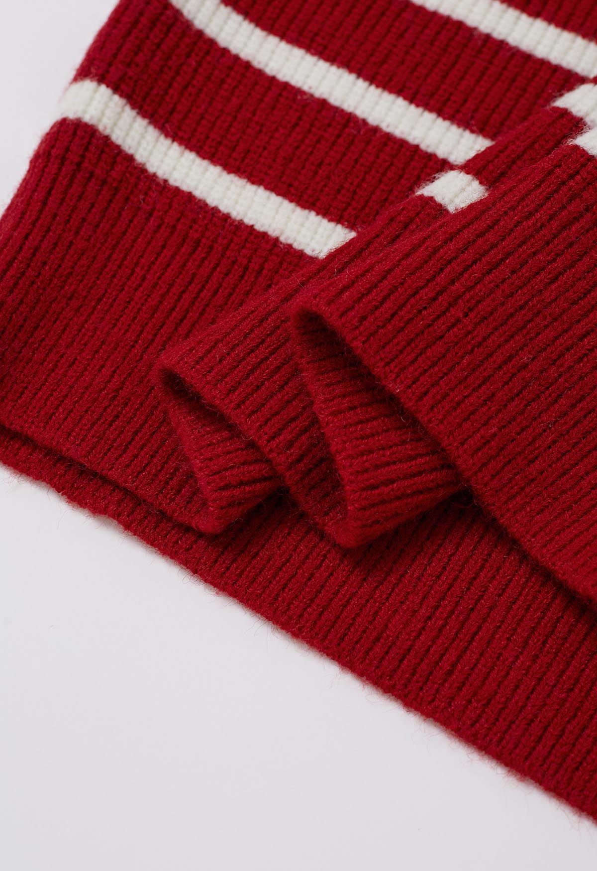 Flap Collar Zipper Neck Striped Knit Sweater in Red