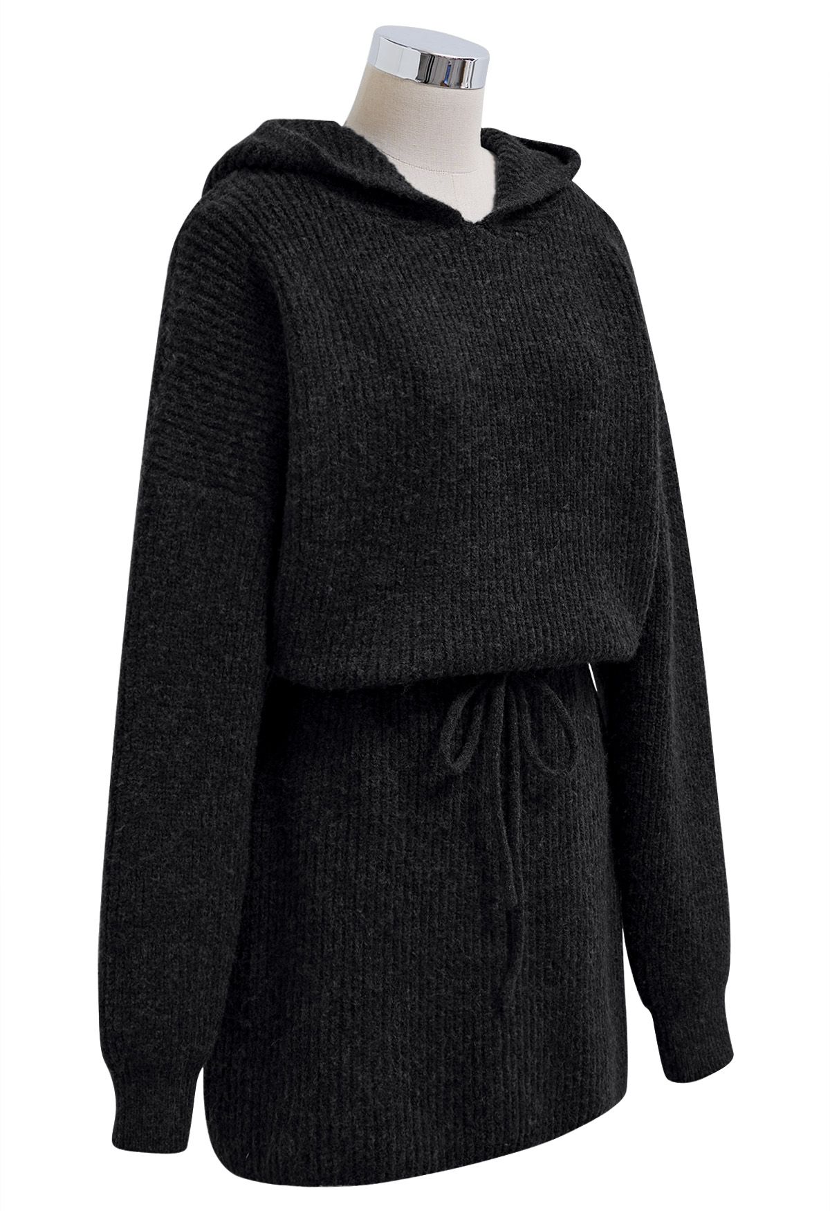 Drawstring Waist Hooded Ribbed Knit Sweater Dress in Black