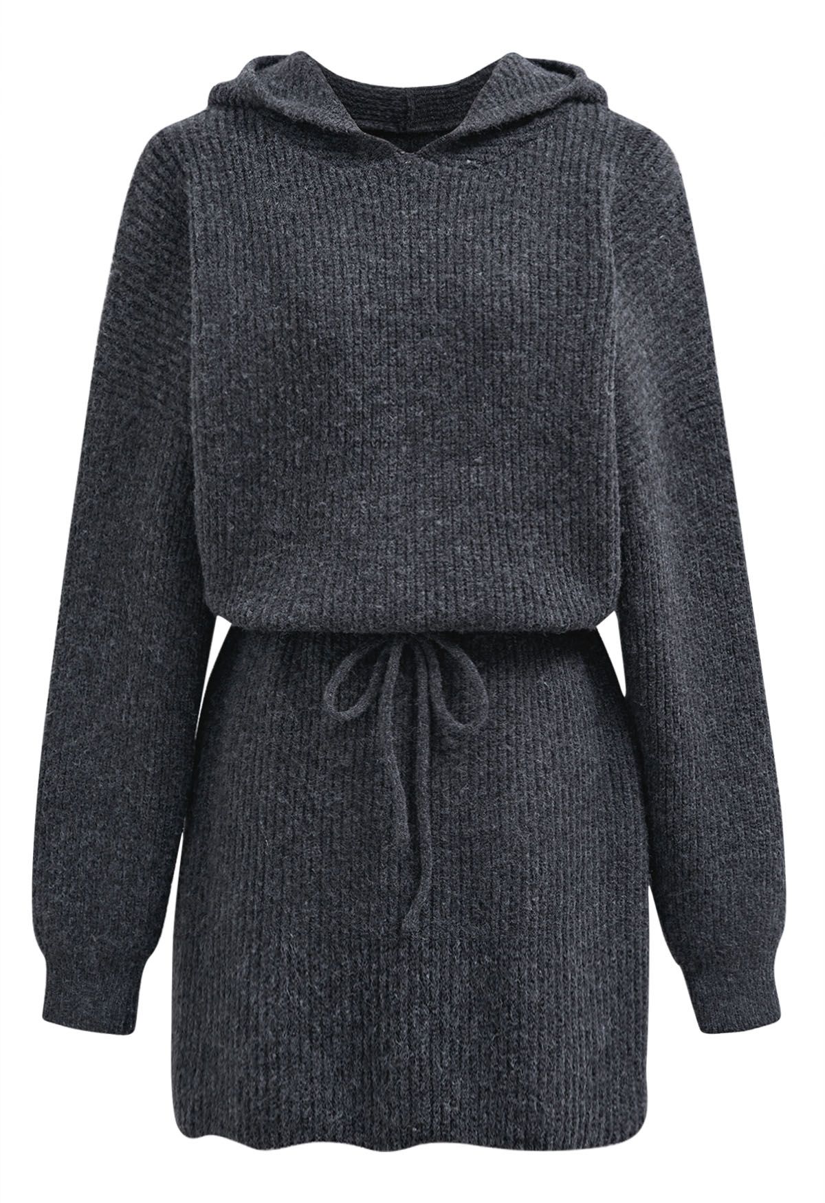 Drawstring Waist Hooded Ribbed Knit Sweater Dress in Smoke