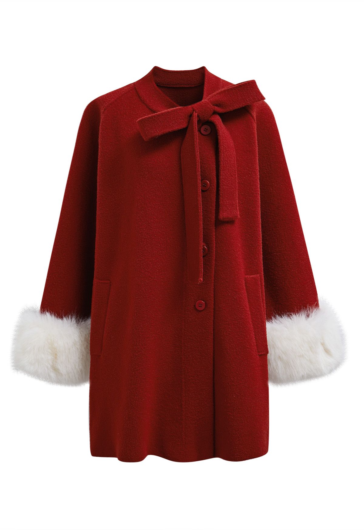 Pretty Bowknot Faux Fur Buttoned Knit Cardigan in Red