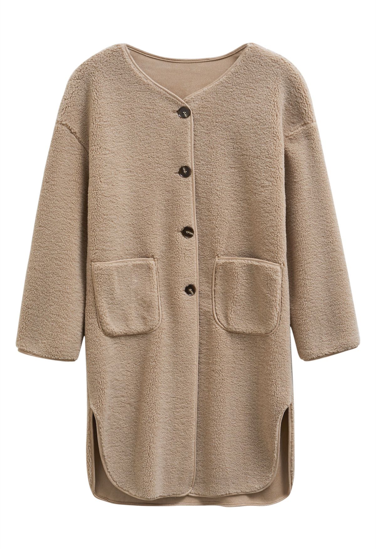 Collarless Button Down Sherpa Longline Coat in Khaki