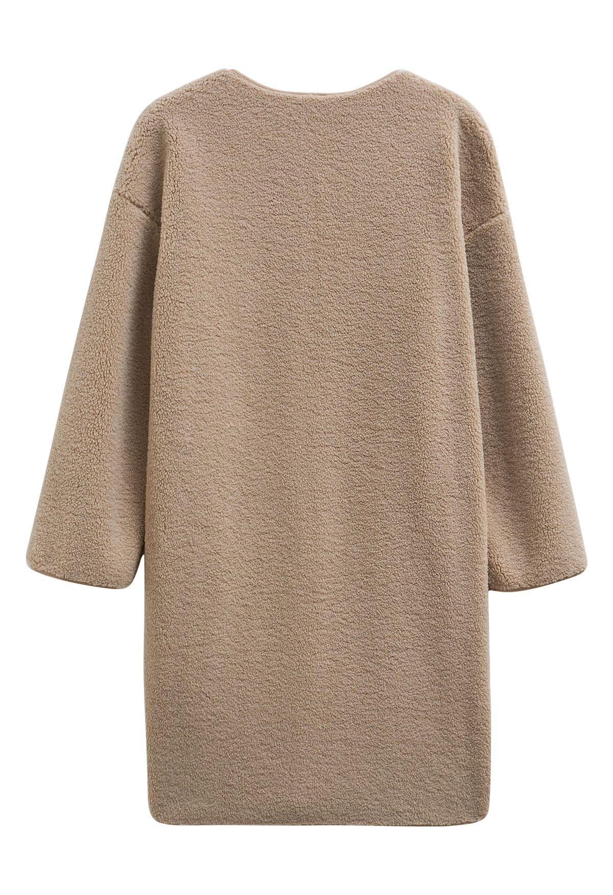 Collarless Button Down Sherpa Longline Coat in Khaki