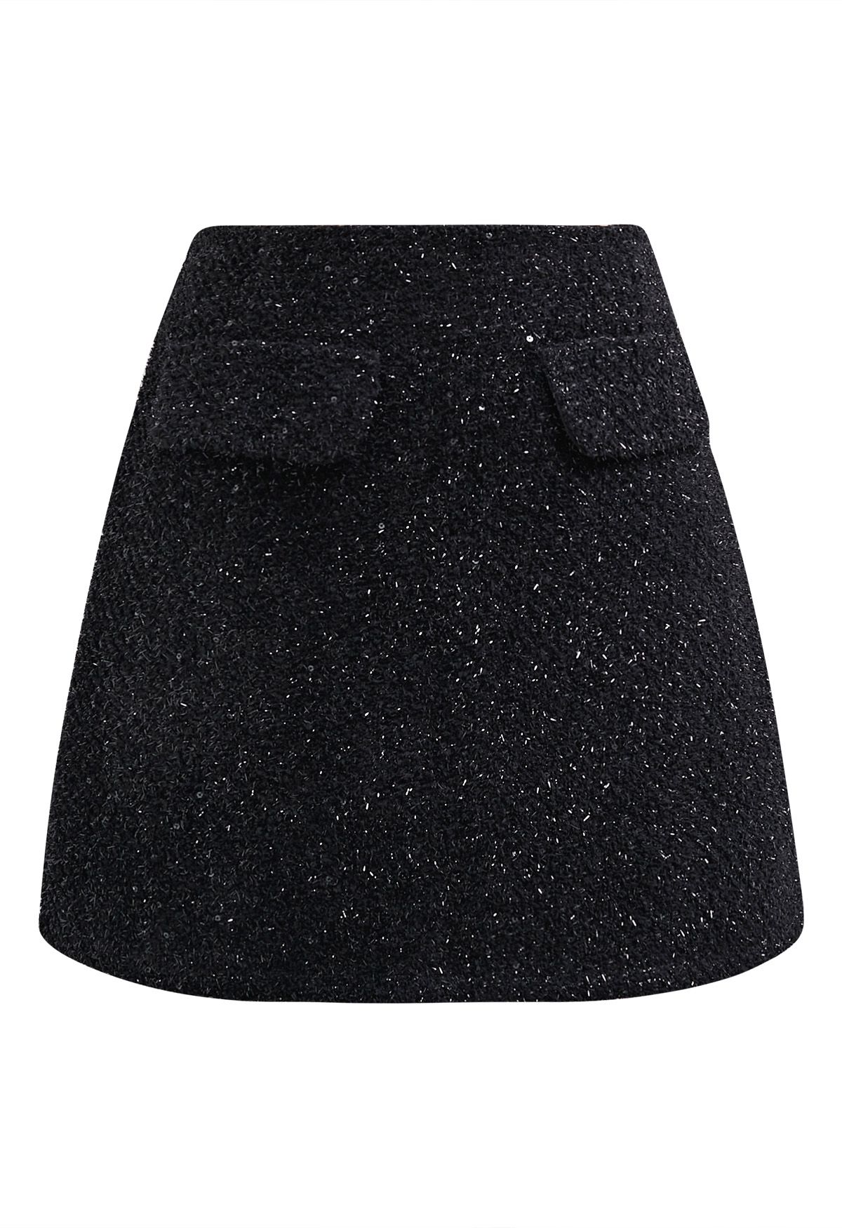 Sequin Fringe Decor Tweed Mini Bud Skirt in Black