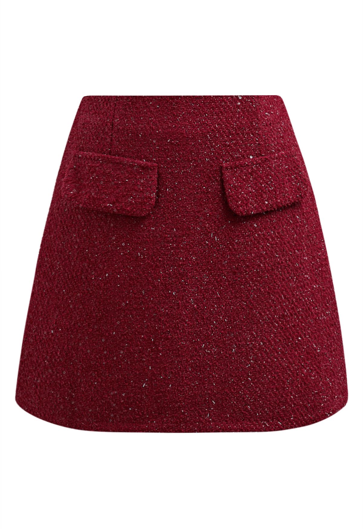 Sequin Fringe Decor Tweed Mini Bud Skirt in Red