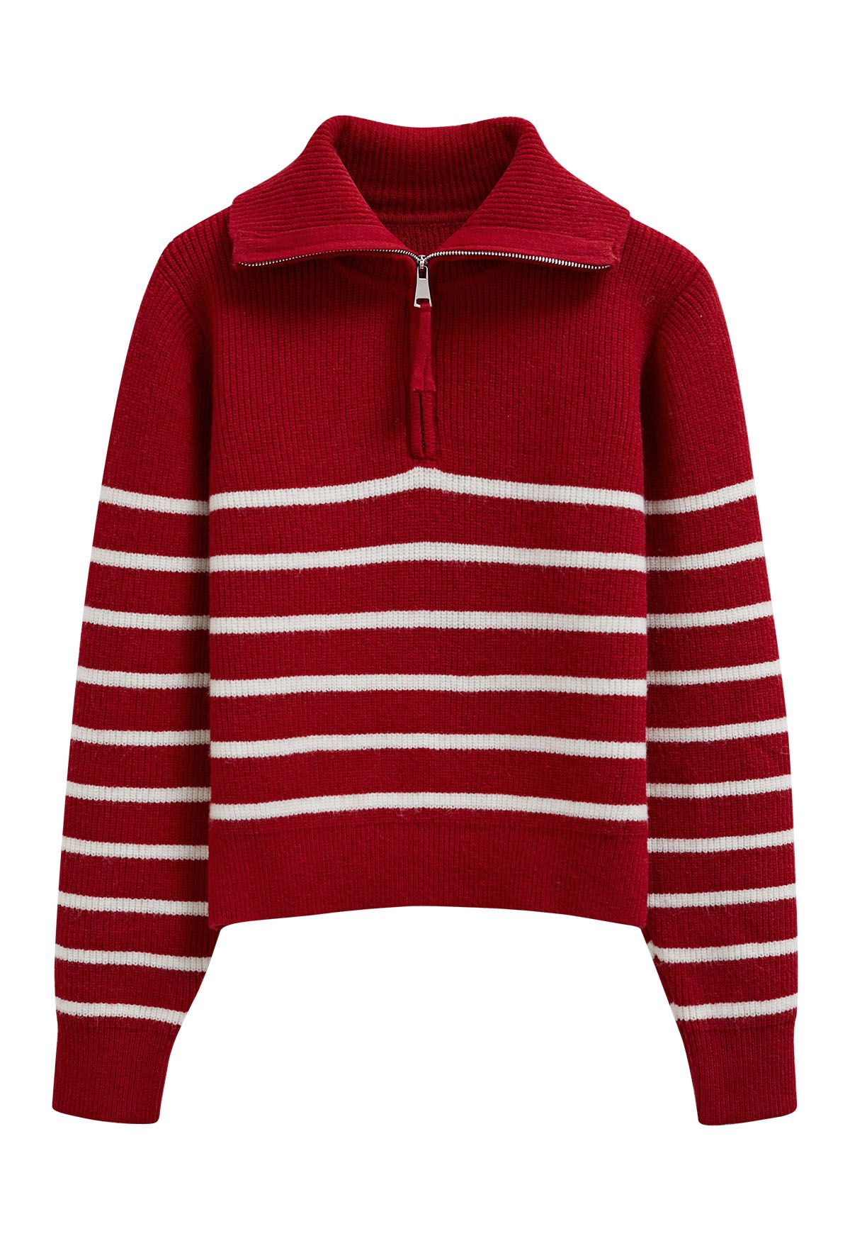 Flap Collar Zipper Neck Striped Knit Sweater in Red