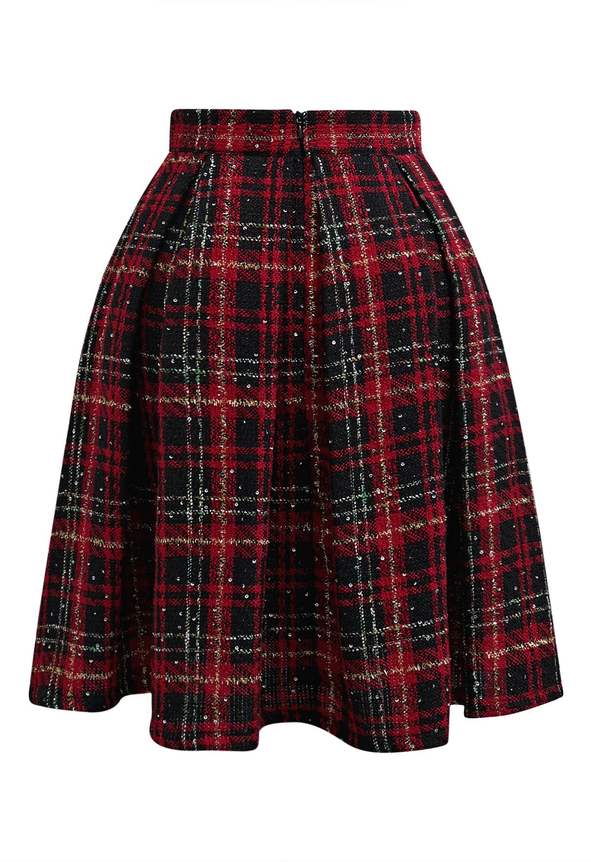 Shining Plaid High Waist Pleated Tweed Skirt in Red