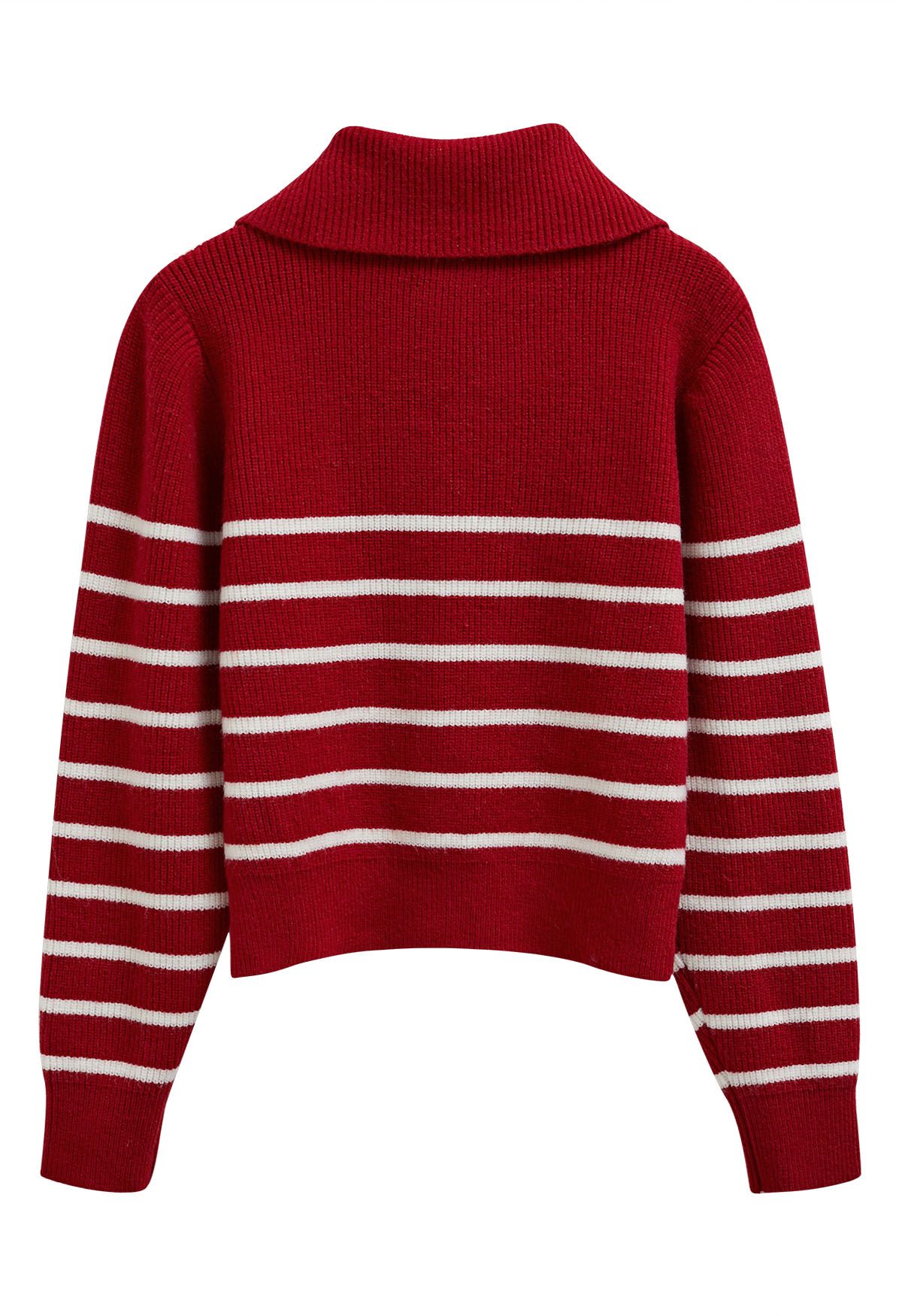 Flap Collar Zipper Neck Striped Knit Sweater in Red