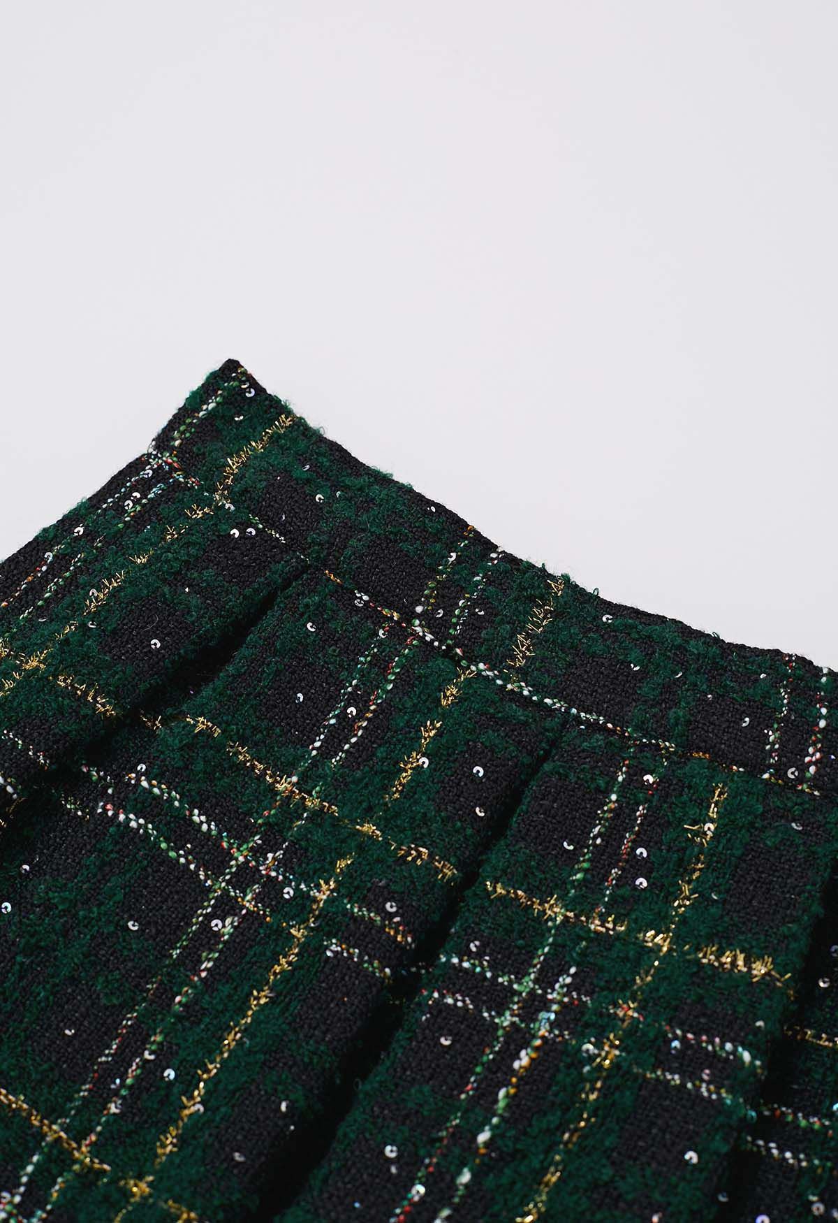 Shining Plaid High Waist Pleated Tweed Skirt in Dark Green