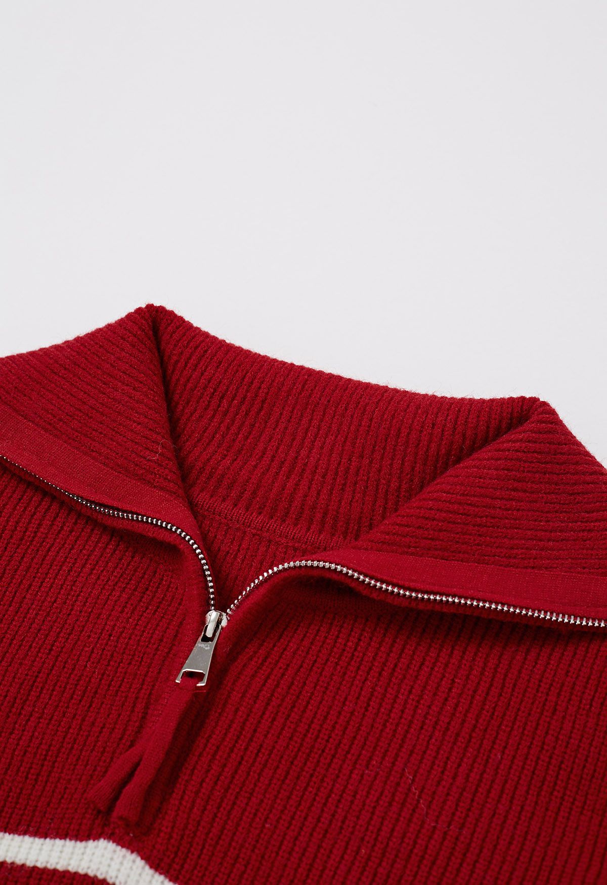 Flap Collar Zipper Neck Striped Knit Sweater in Red