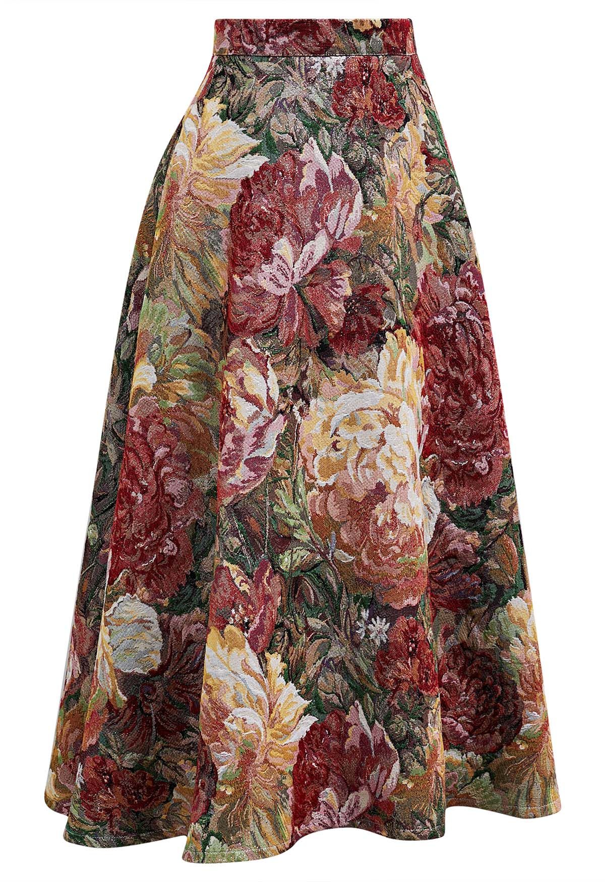 Painting Bloom Jacquard A-Line Midi Skirt