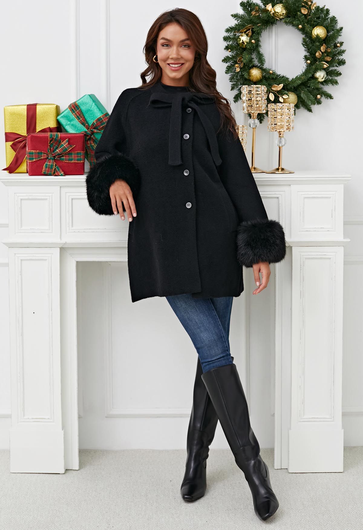 Pretty Bowknot Faux Fur Buttoned Knit Coat in Black