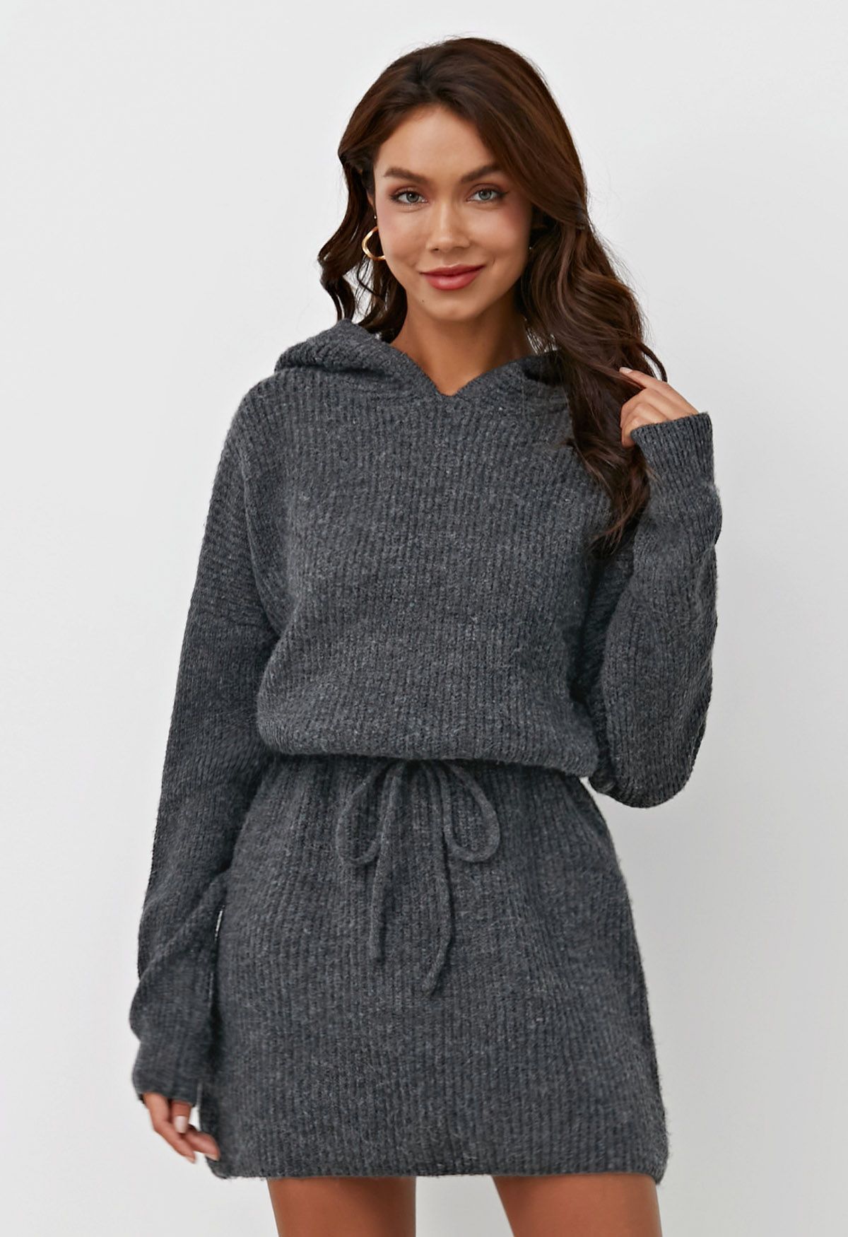 Drawstring Waist Hooded Ribbed Knit Sweater Dress in Smoke