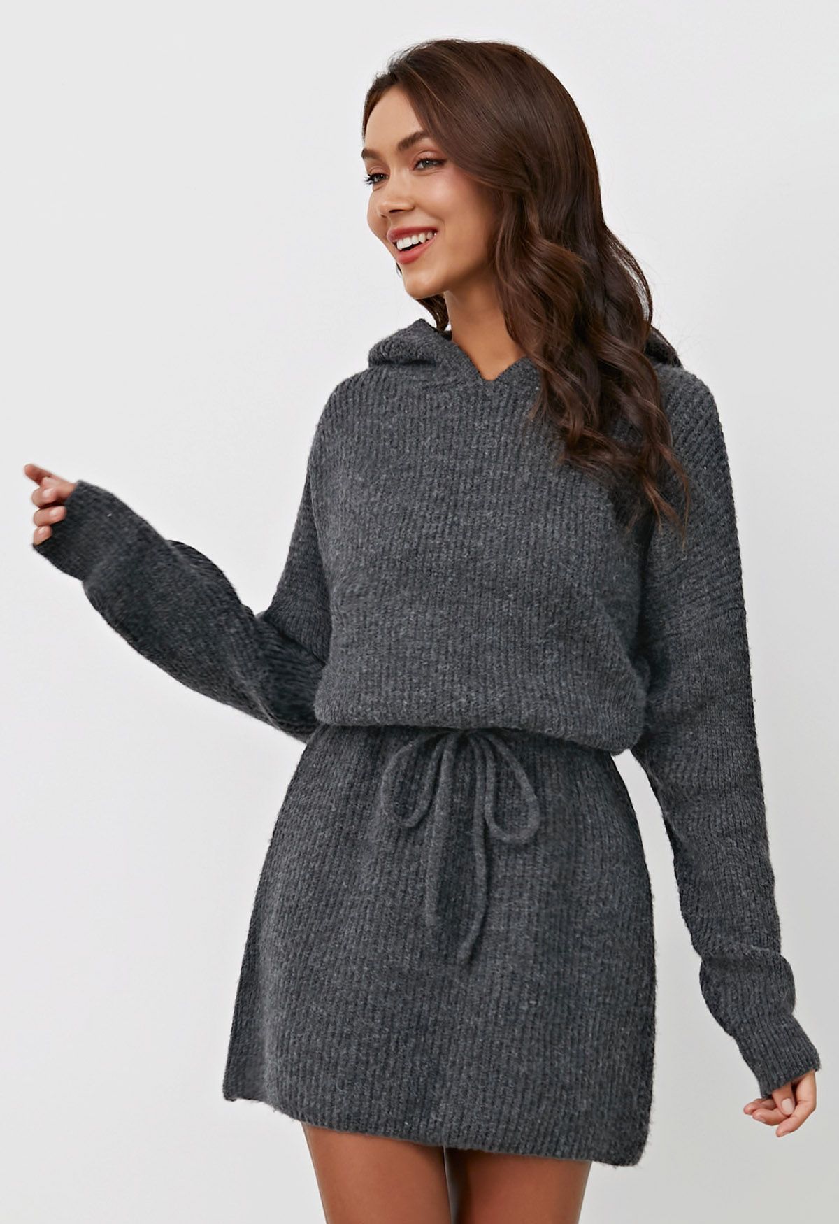 Drawstring Waist Hooded Ribbed Knit Sweater Dress in Smoke