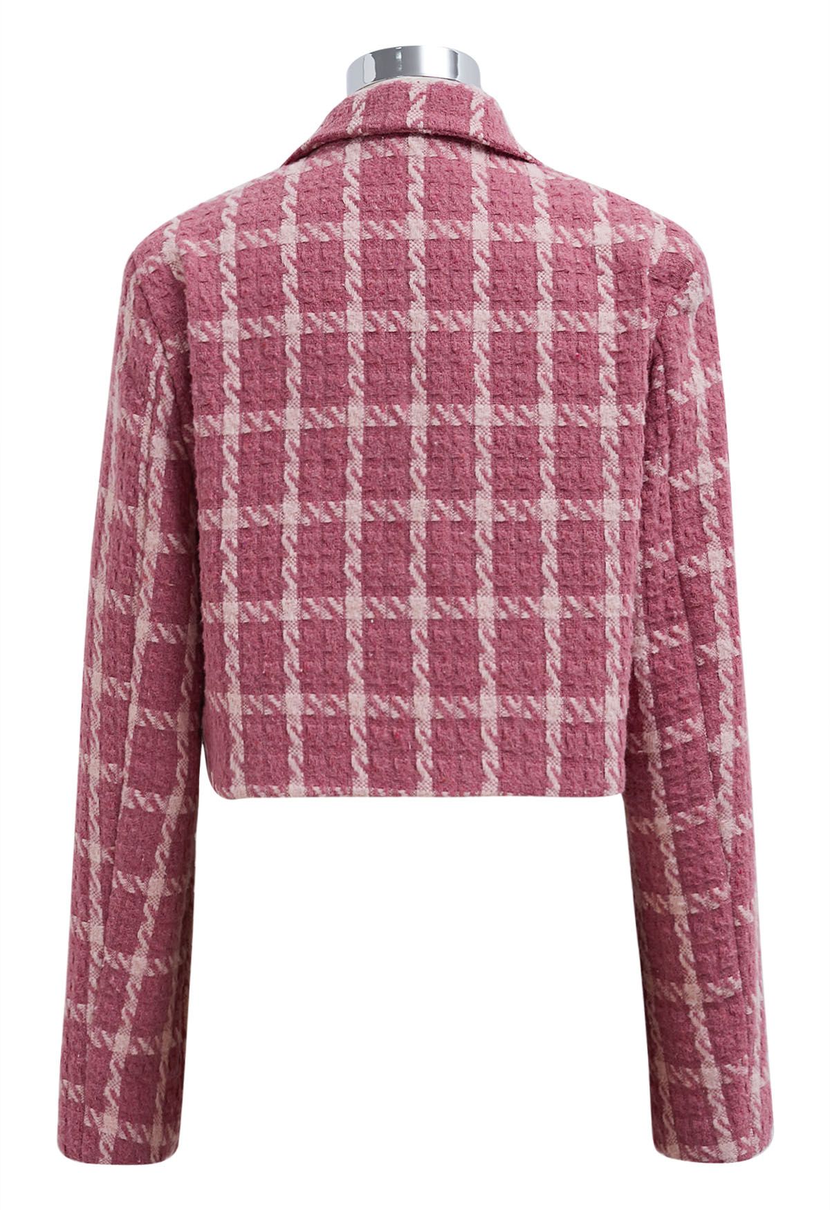 Check Tweed Padded Shoulder Cropped Blazer in Pink