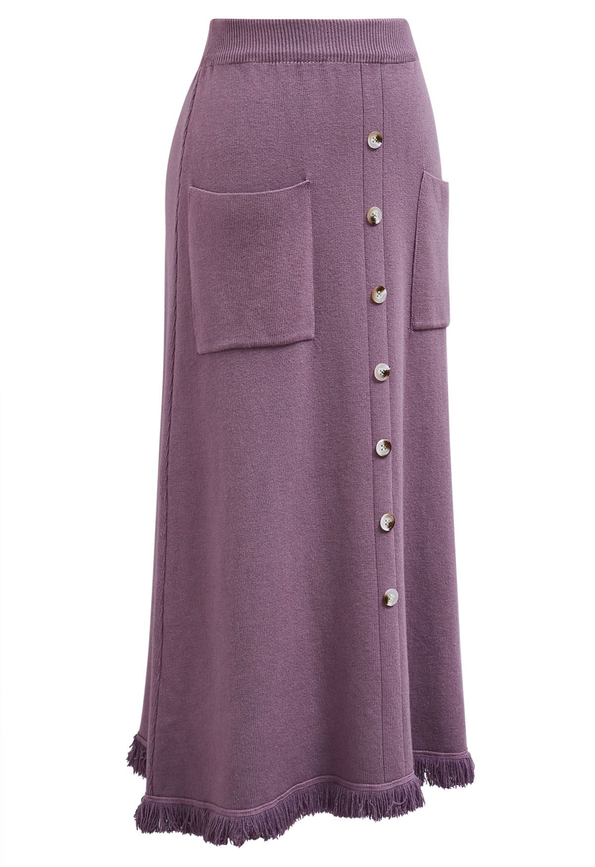 Button Trim Fringe Hem Knit Midi Skirt in Lilac