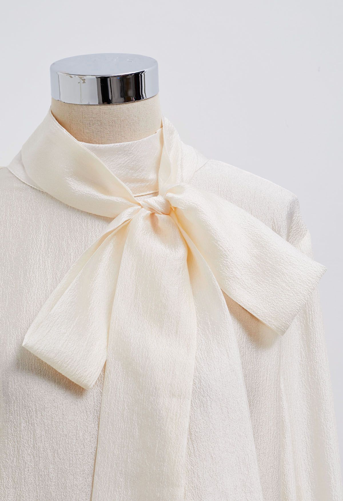 Bowknot Neckline Rose Cuff Sheer Top in Cream