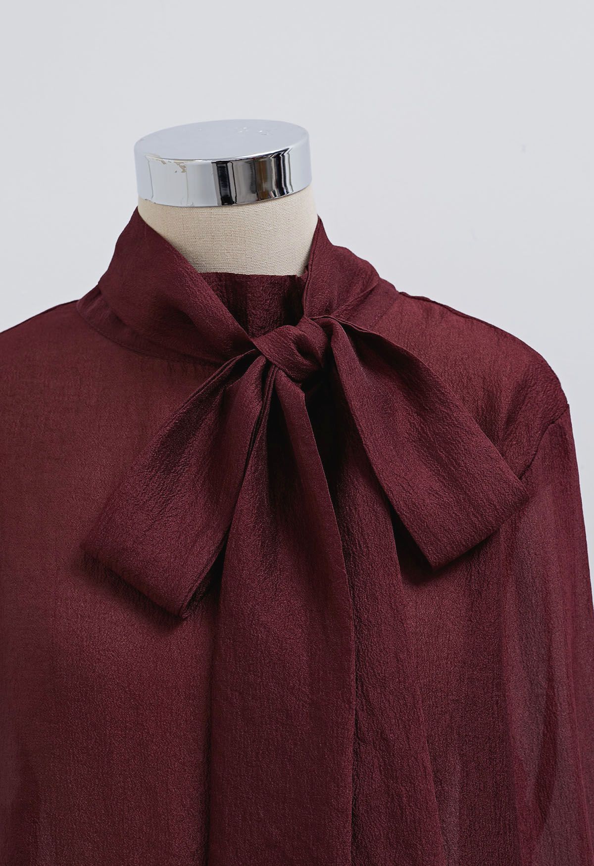 Bowknot Neckline Rose Cuff Sheer Top in Burgundy