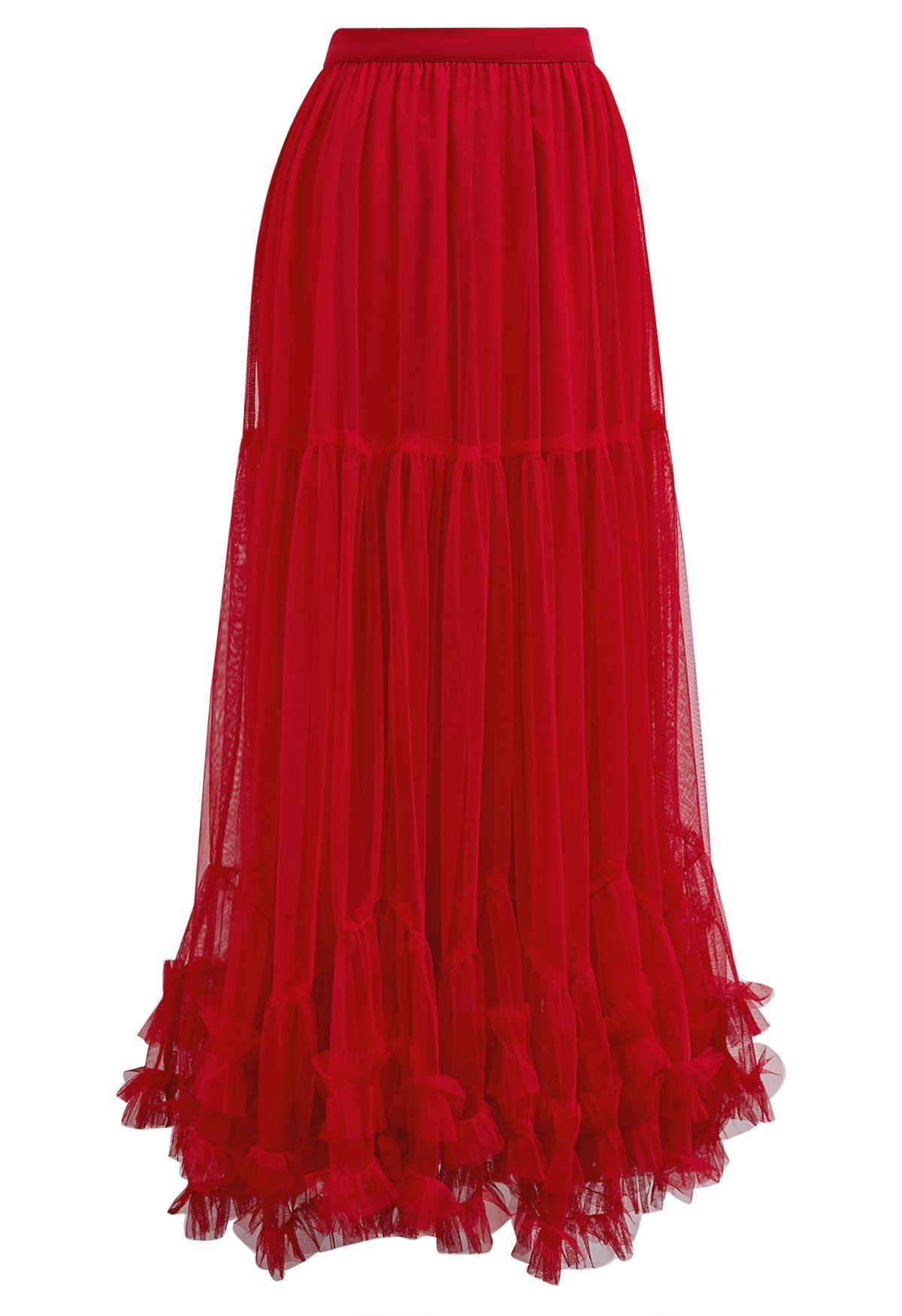 Ruffle Hem Double-Layered Mesh Maxi Skirt in Red