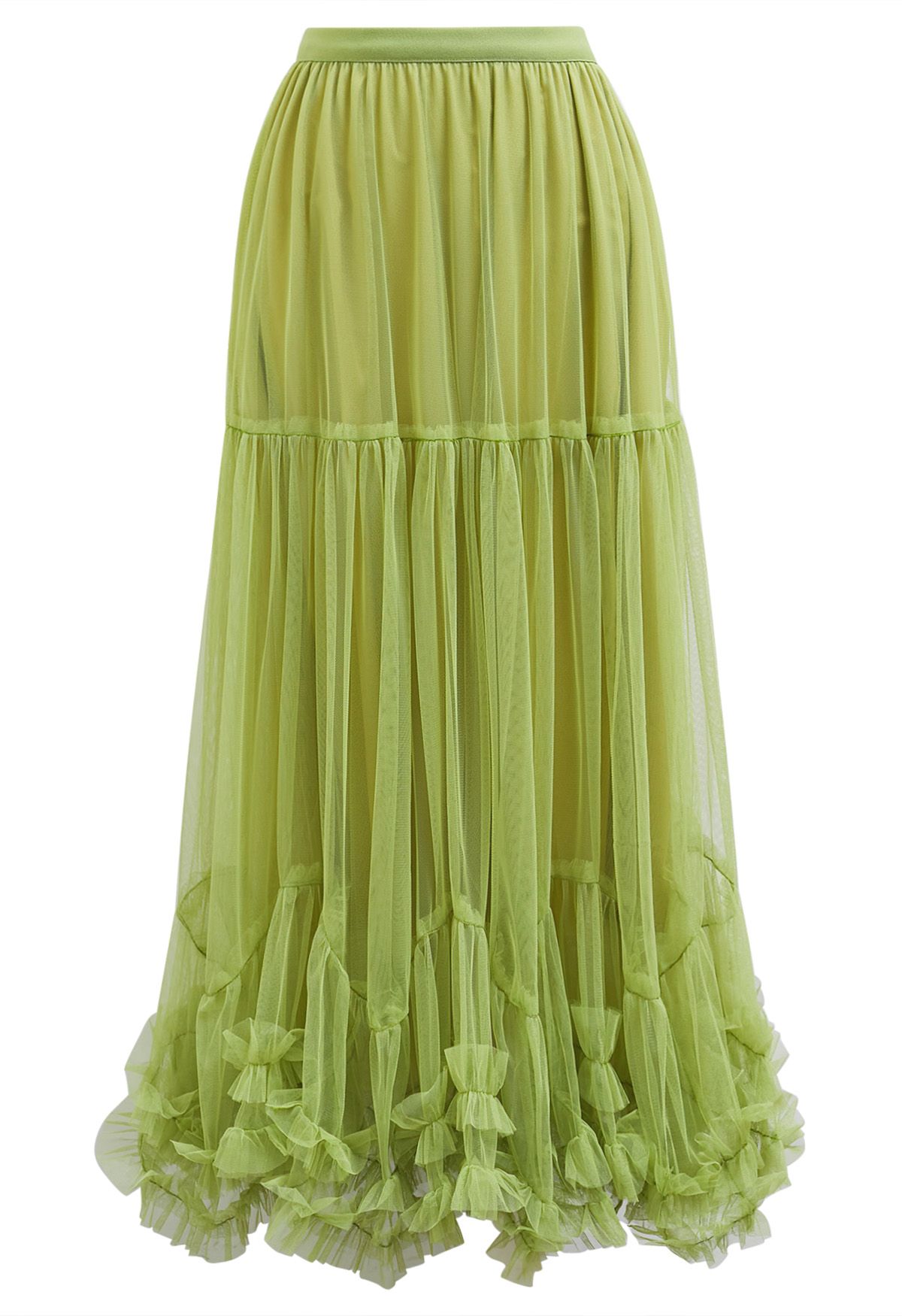 Ruffle Hem Double-Layered Mesh Maxi Skirt in Lime