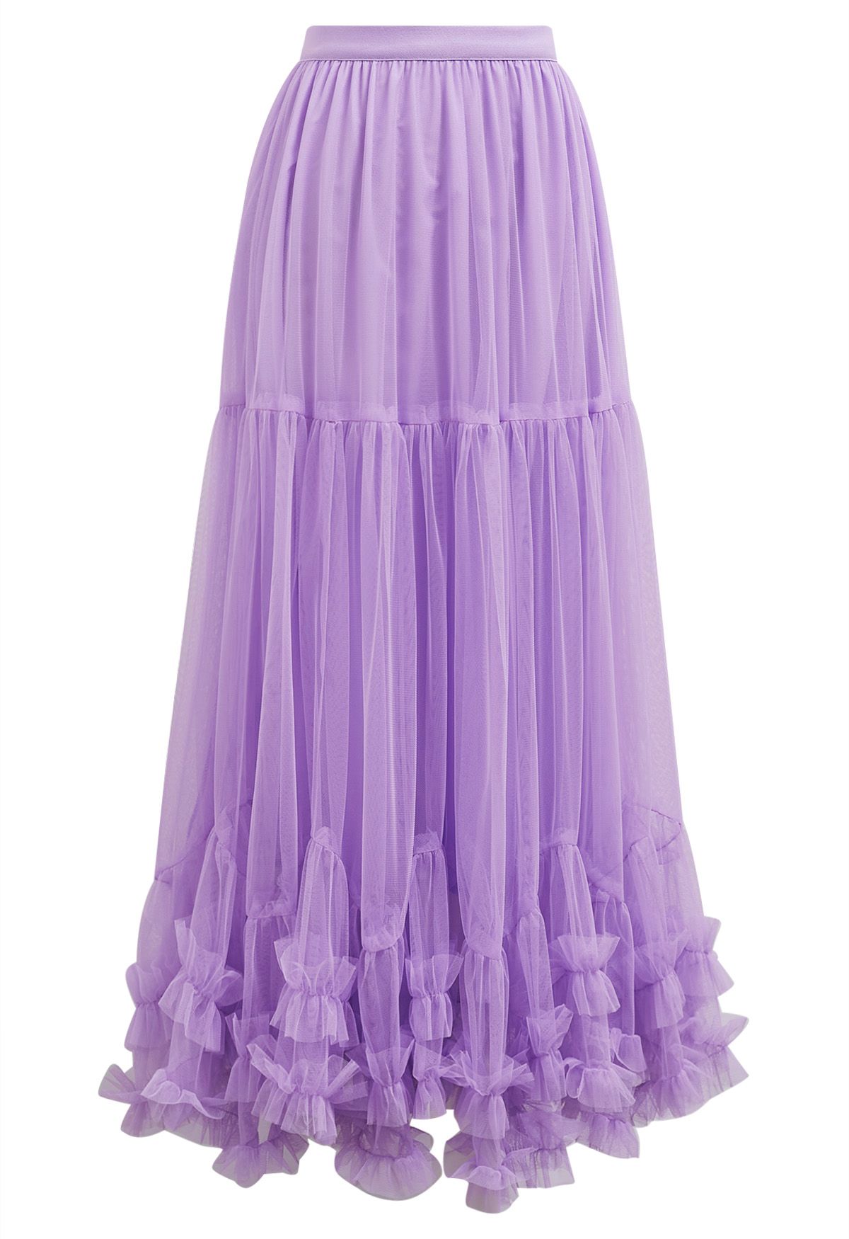 Ruffle Hem Double-Layered Mesh Maxi Skirt in Lilac