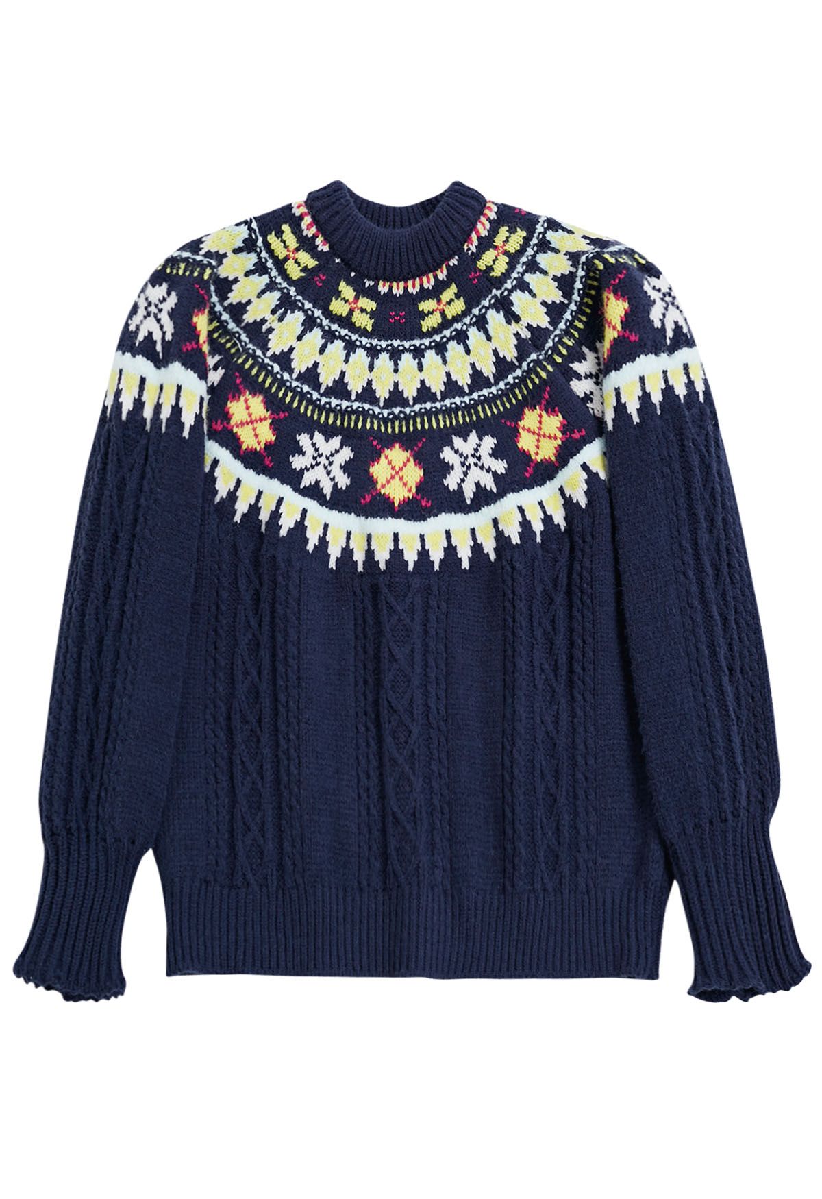 Fair Isle Puff Sleeves Braid Knit Sweater in Navy