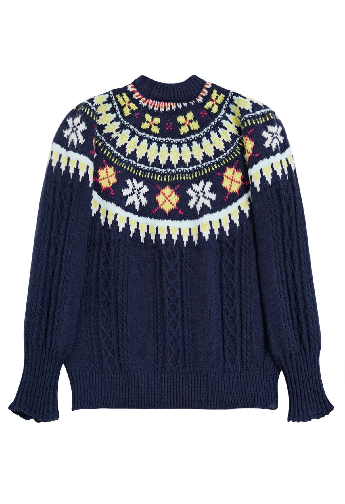 Fair Isle Puff Sleeves Braid Knit Sweater in Navy