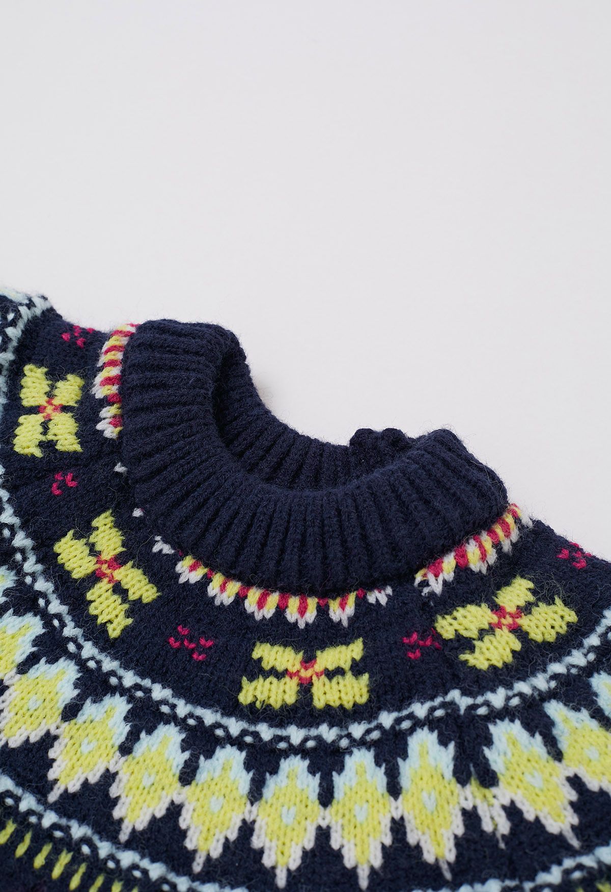 Fair Isle Puff Sleeves Braid Knit Sweater in Navy