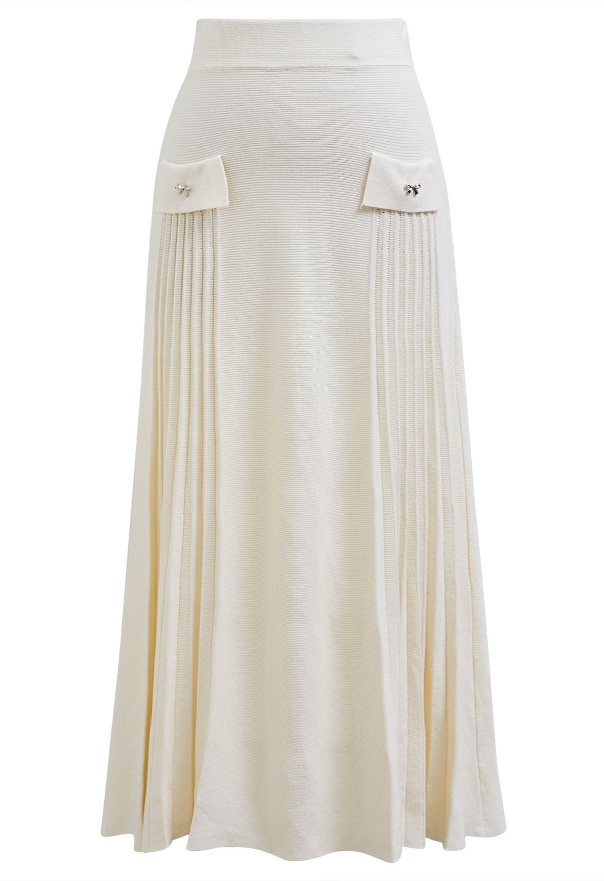 Little Bow Decorated Pleats Knit Maxi Skirt in Cream