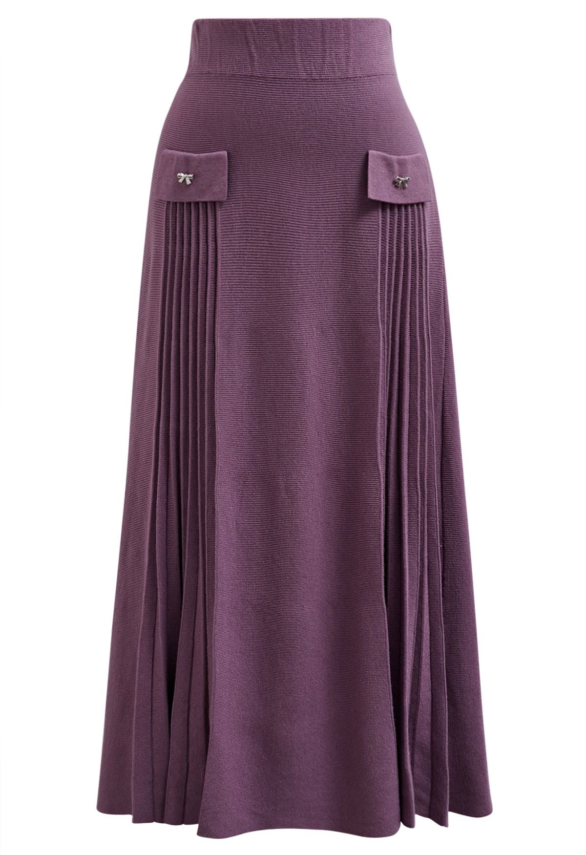 Little Bow Decorated Pleats Knit Maxi Skirt in Lilac